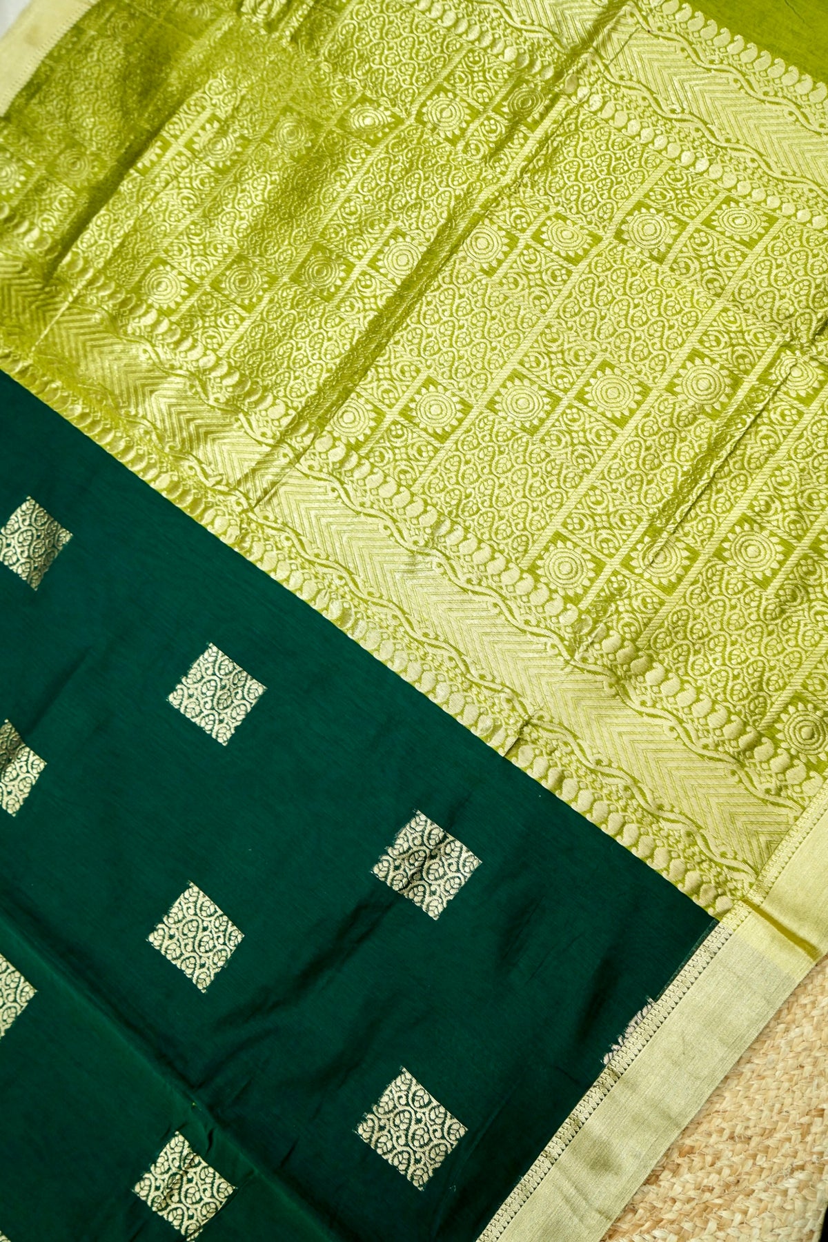 Suvarna - Bottle Green Maheshwari Silk Saree with Antique Gold Border