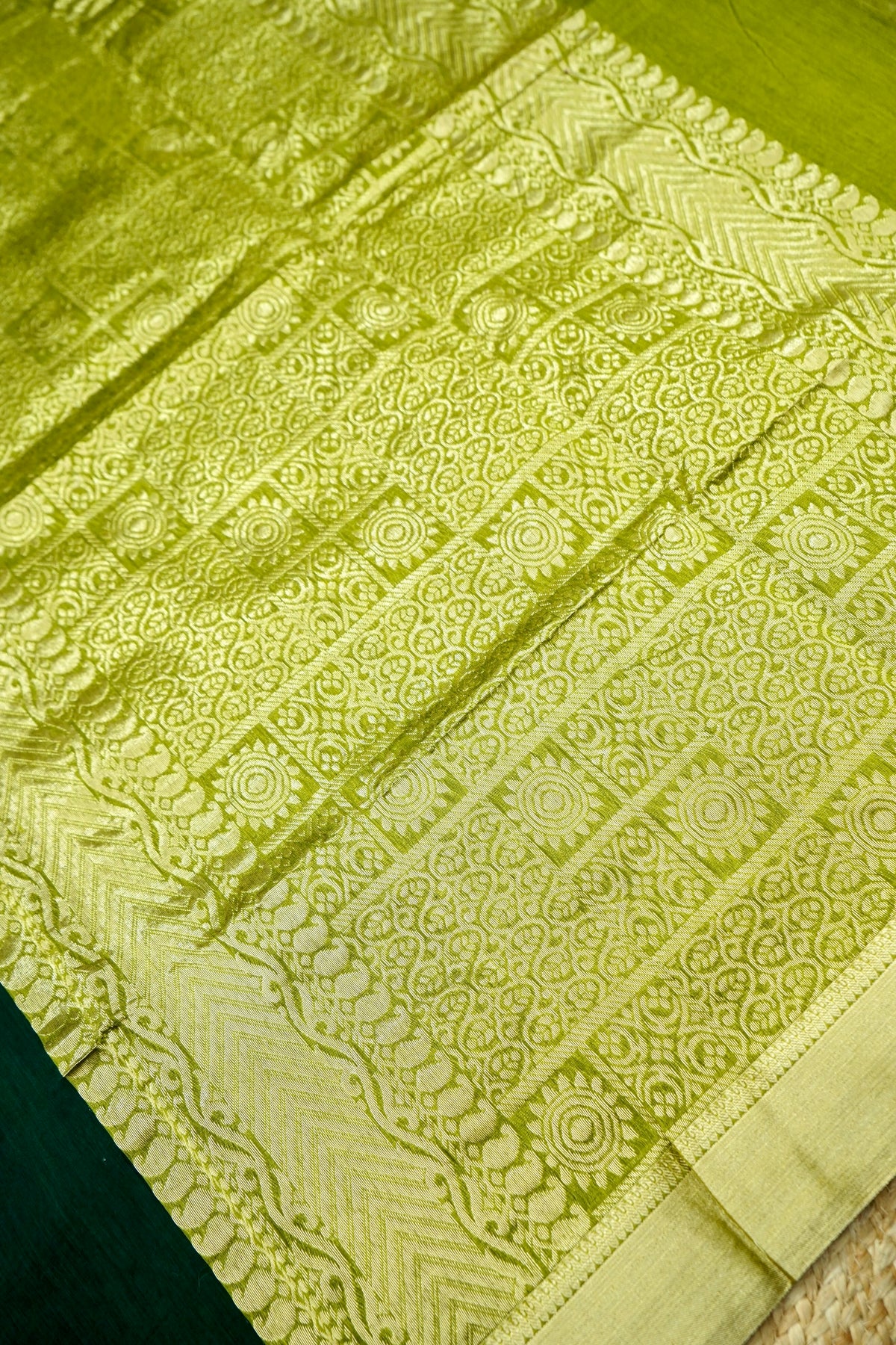 Suvarna - Bottle Green Maheshwari Silk Saree with Antique Gold Border