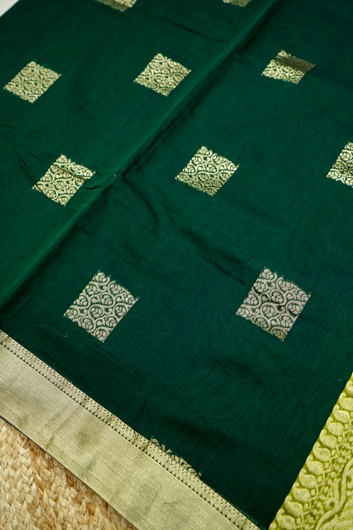 Suvarna - Bottle Green Maheshwari Silk Saree with Antique Gold Border
