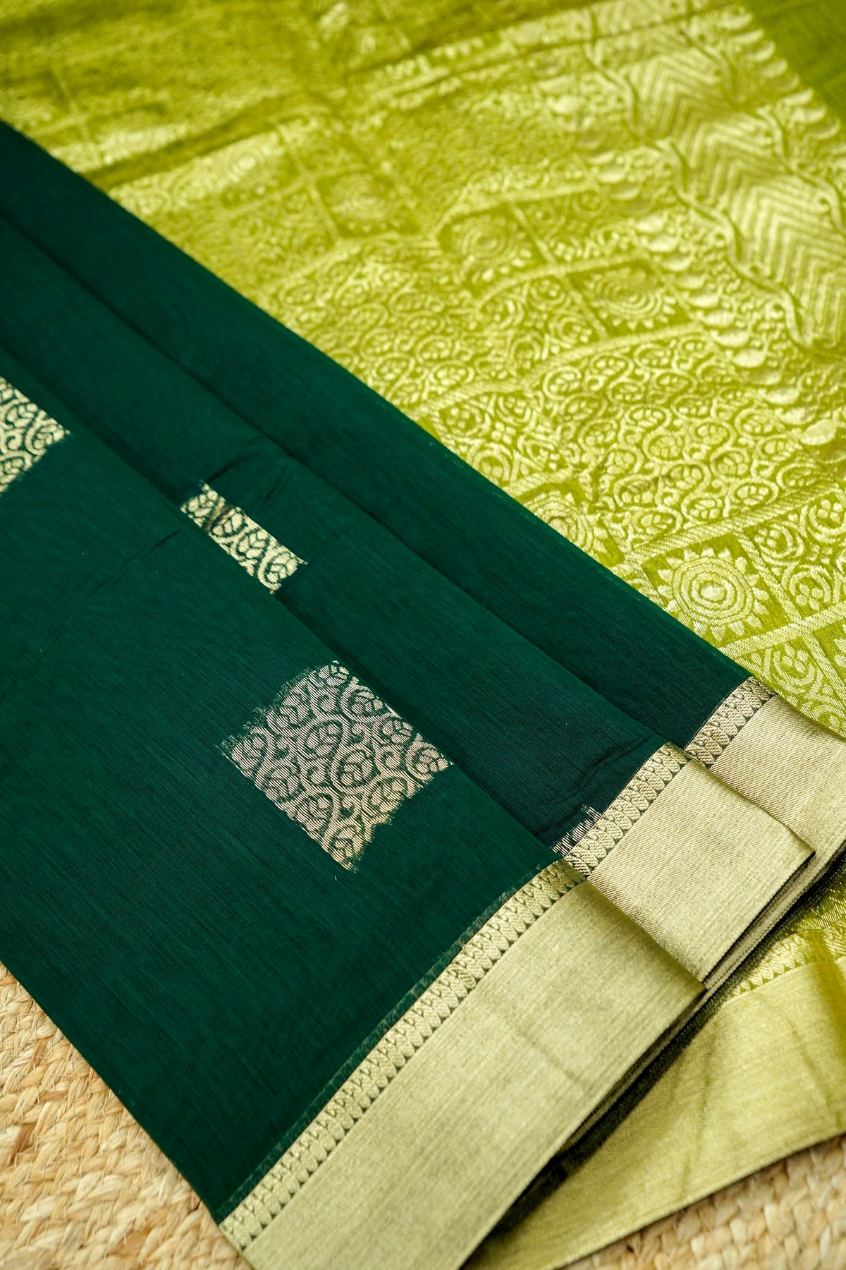 Suvarna - Bottle Green Maheshwari Silk Saree with Antique Gold Border