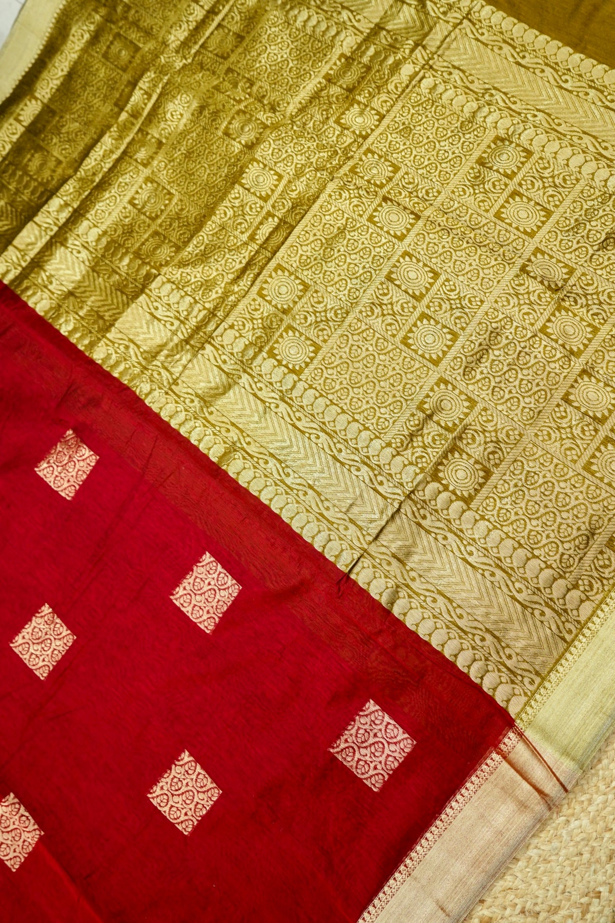 Suvarna - Dark Maroon Red Maheshwari Silk Saree with Antique Gold Border