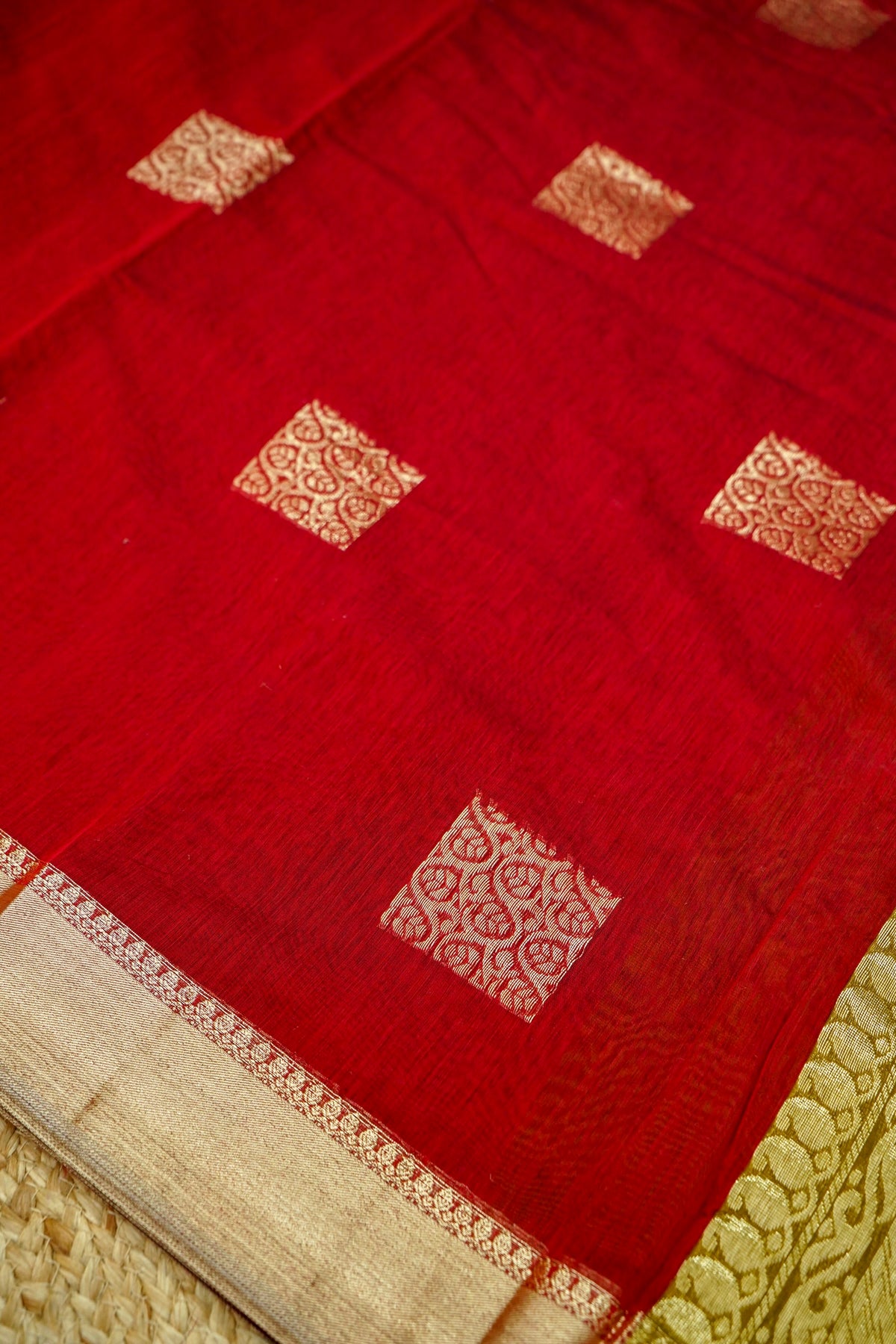 Suvarna - Dark Maroon Red Maheshwari Silk Saree with Antique Gold Border