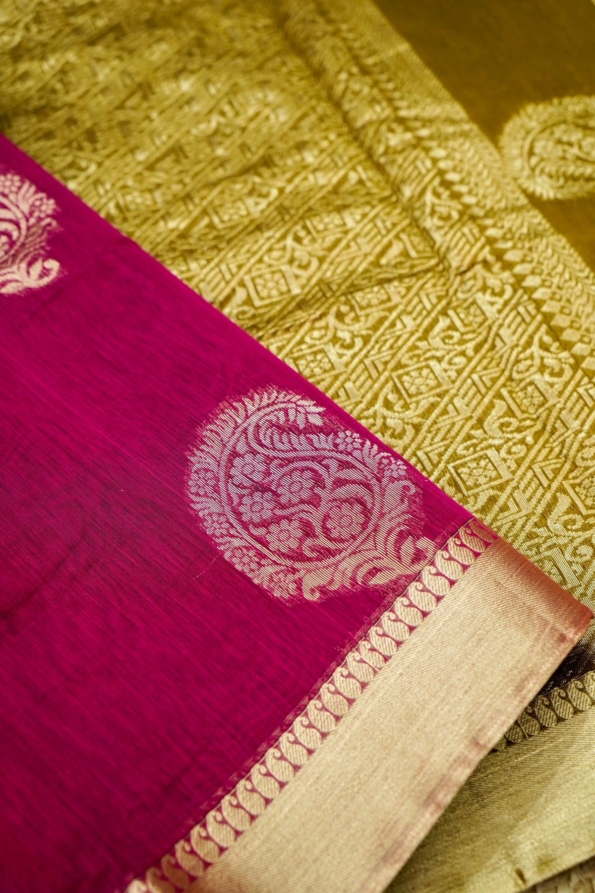Suvarna - Wine Maroon Maheshwari Silk Saree with Antique Gold Border