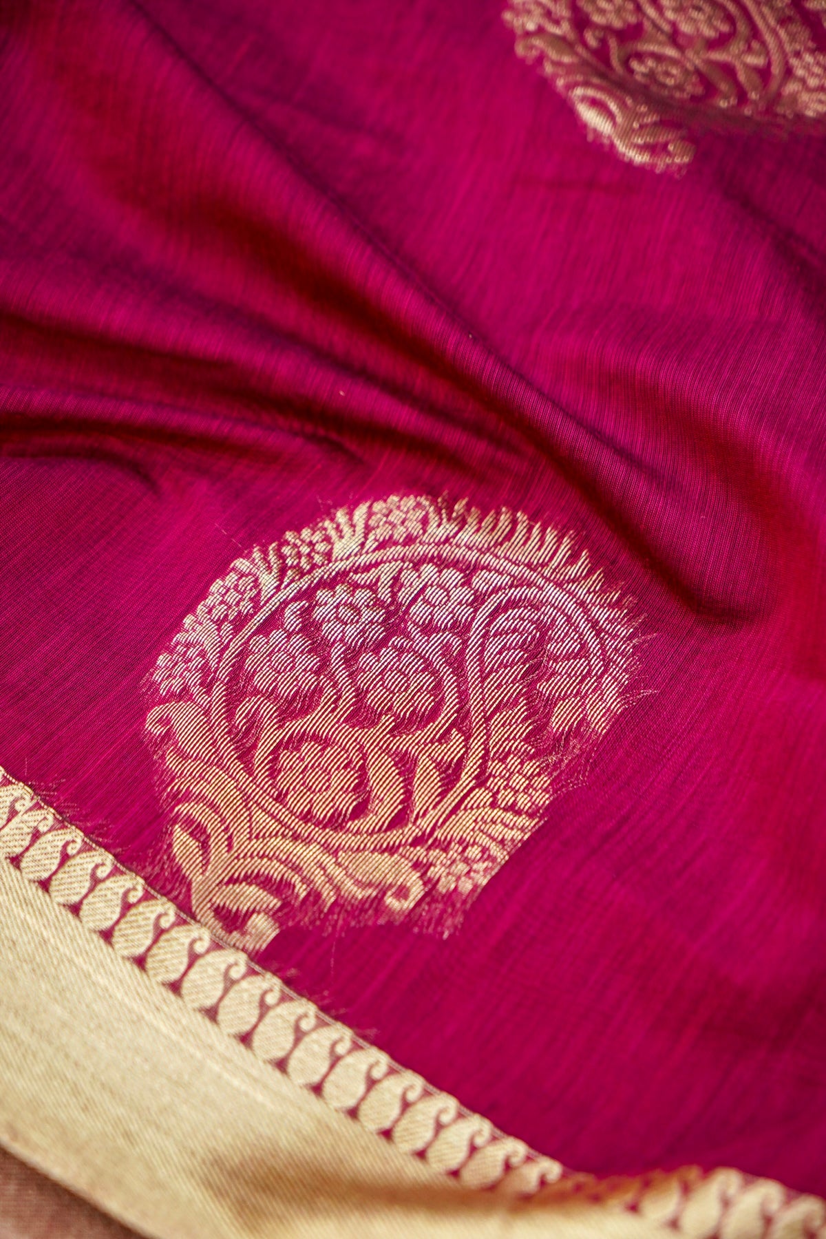 Suvarna - Wine Maroon Maheshwari Silk Saree with Antique Gold Border