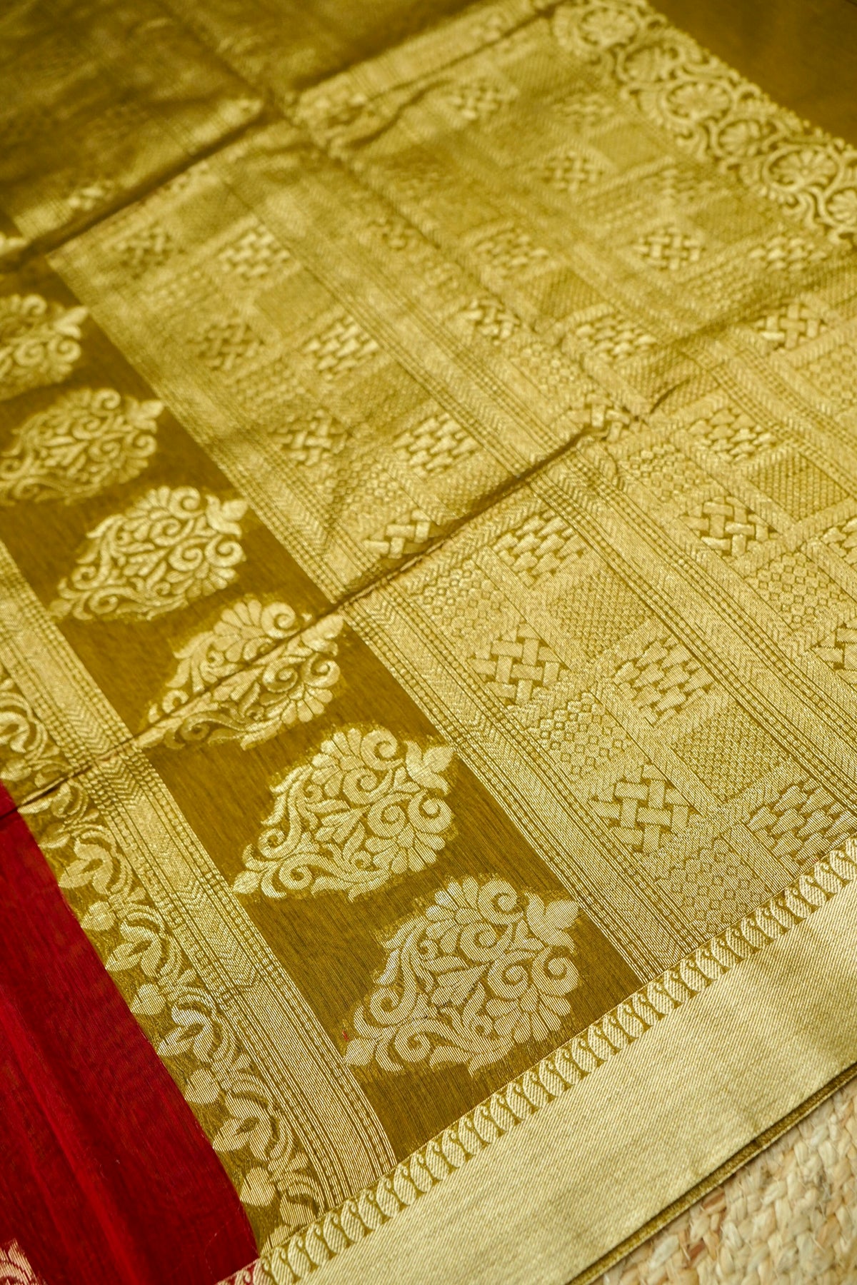 Suvarna - Deep Crimson Red Maheshwari Silk Saree with Antique Gold Border