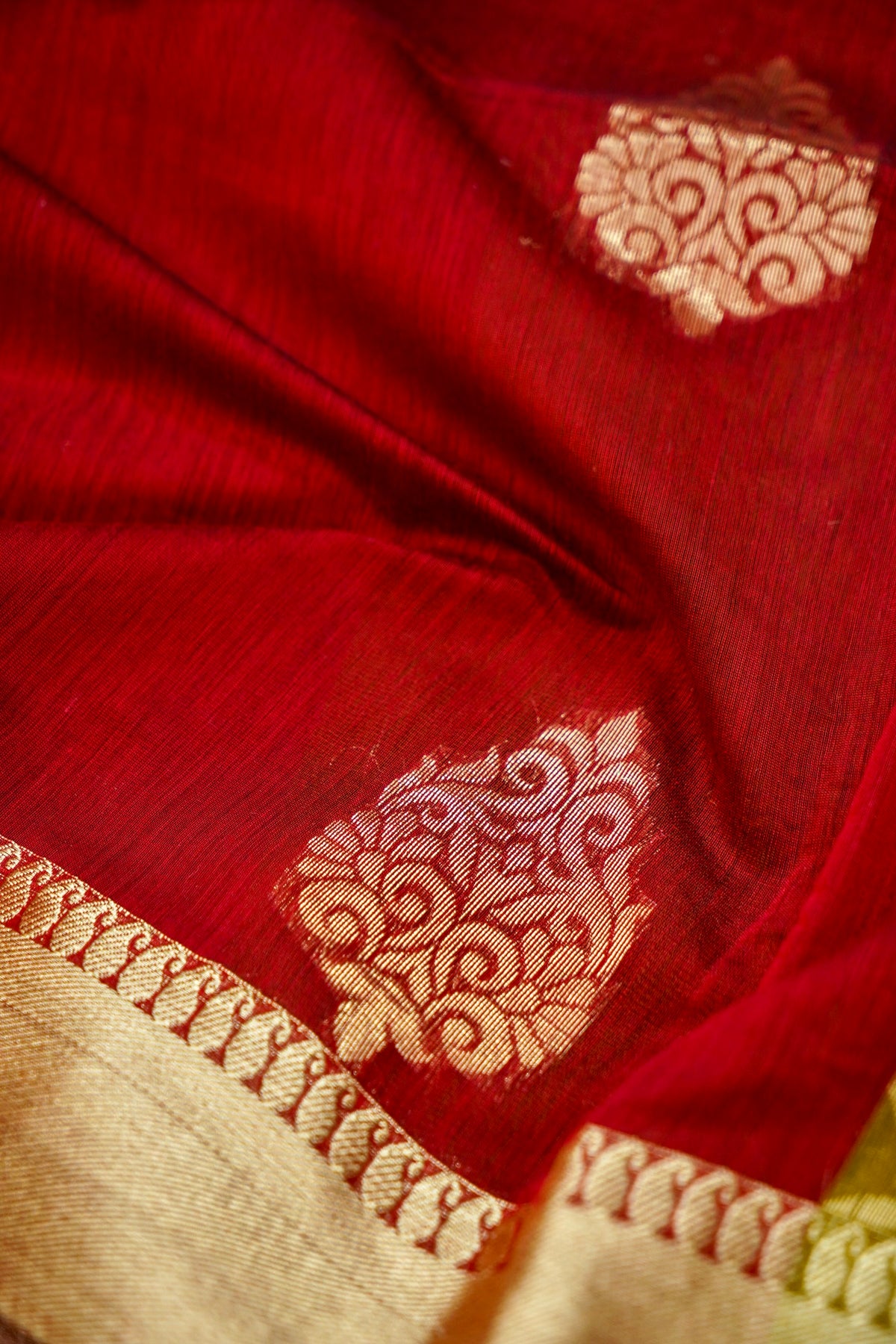 Suvarna - Deep Crimson Red Maheshwari Silk Saree with Antique Gold Border