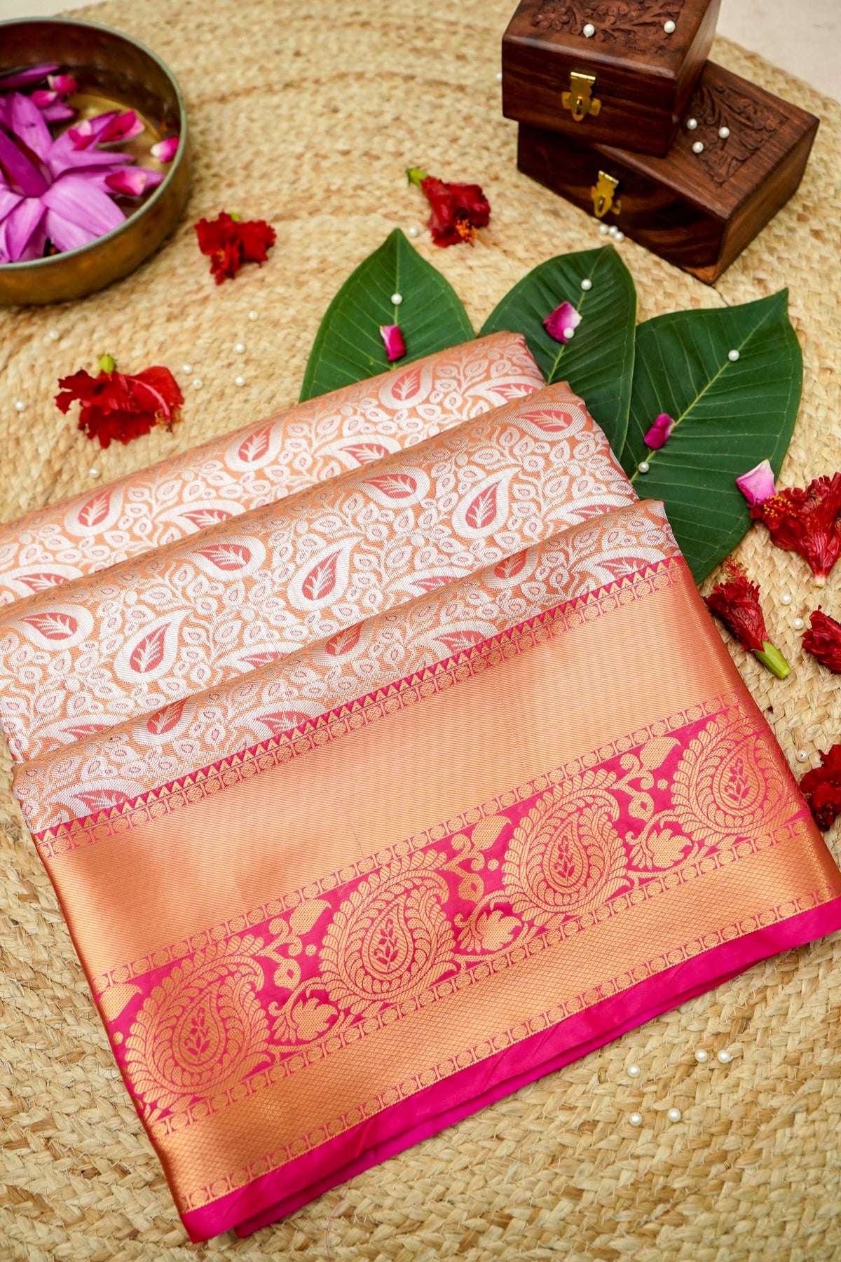 Suvarna – Pure Kanjivaram Silk Saree in Peach Gold and Rani Pink with 1g Gold Zari