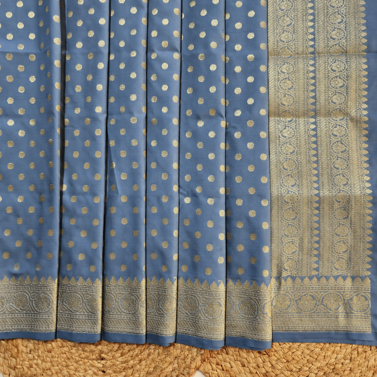 Steel Blue Banarasi Silk Dupatta with Gold Polka Dot