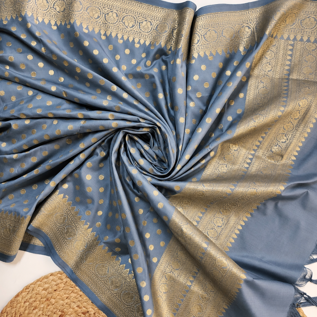 Steel Blue Banarasi Silk Dupatta with Gold Polka Dot