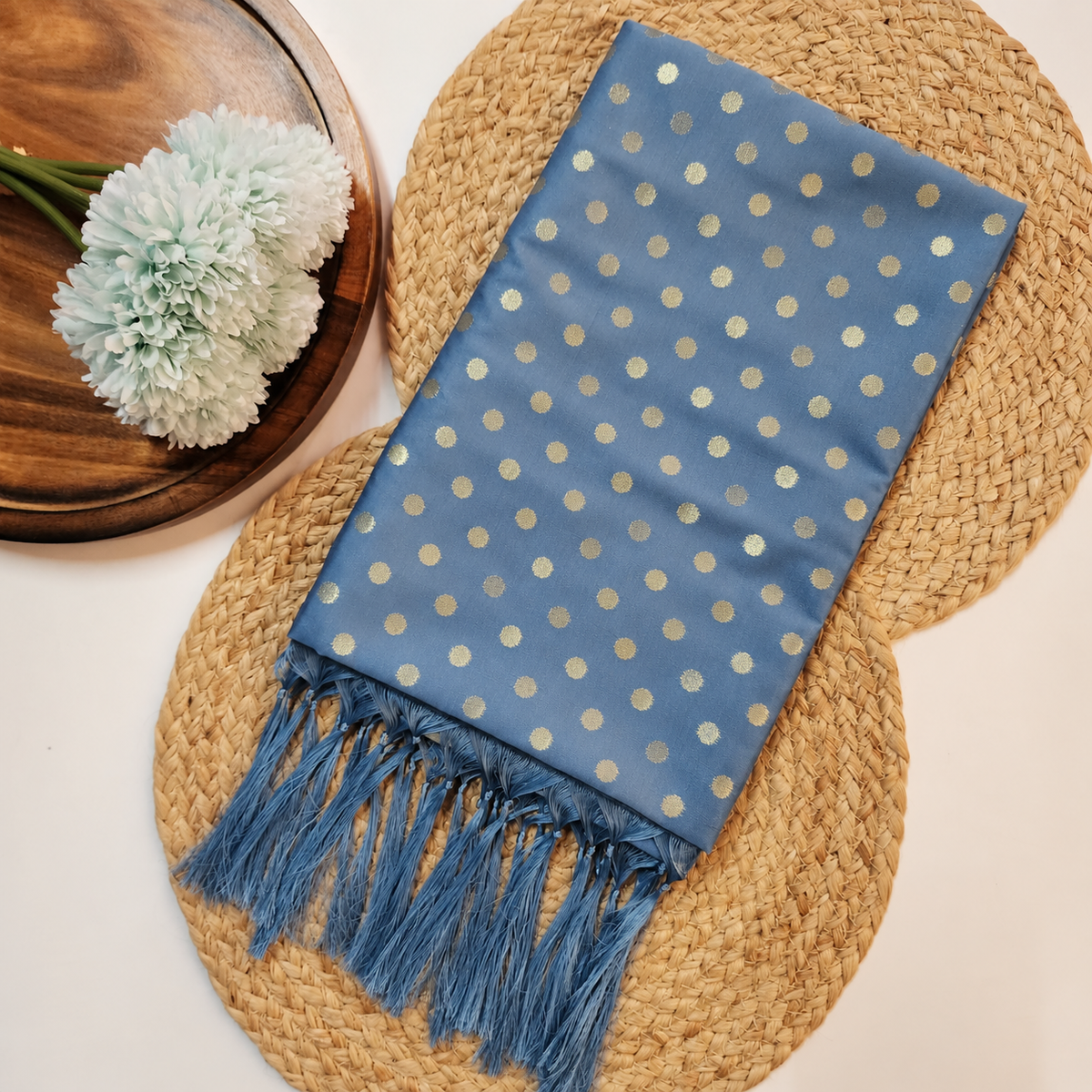 Steel Blue Banarasi Silk Dupatta with Gold Polka Dot