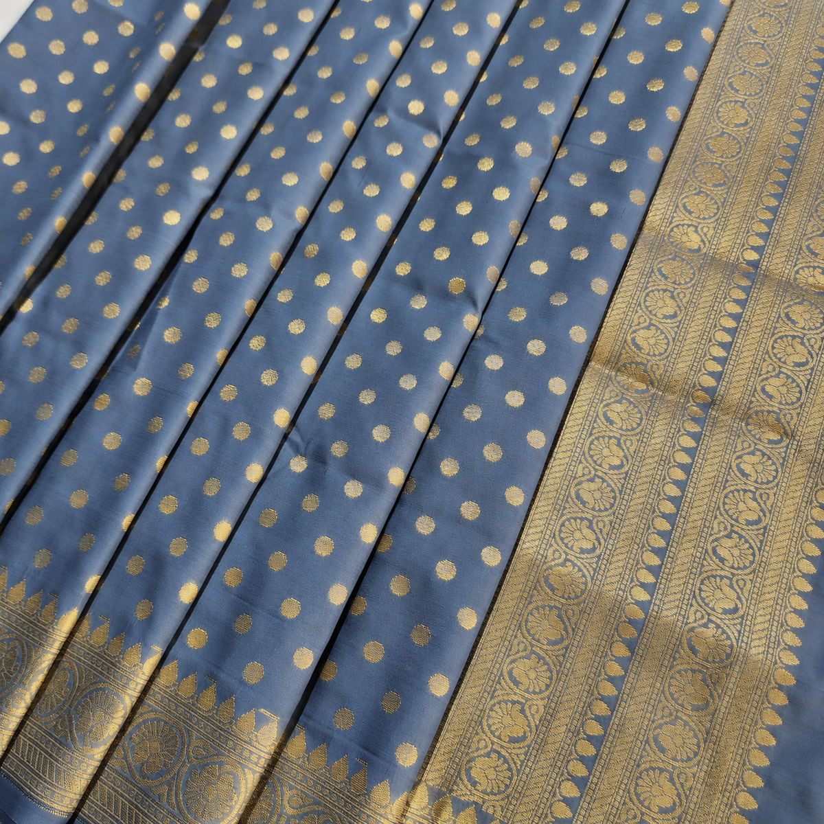 Steel Blue Banarasi Silk Dupatta with Gold Polka Dot