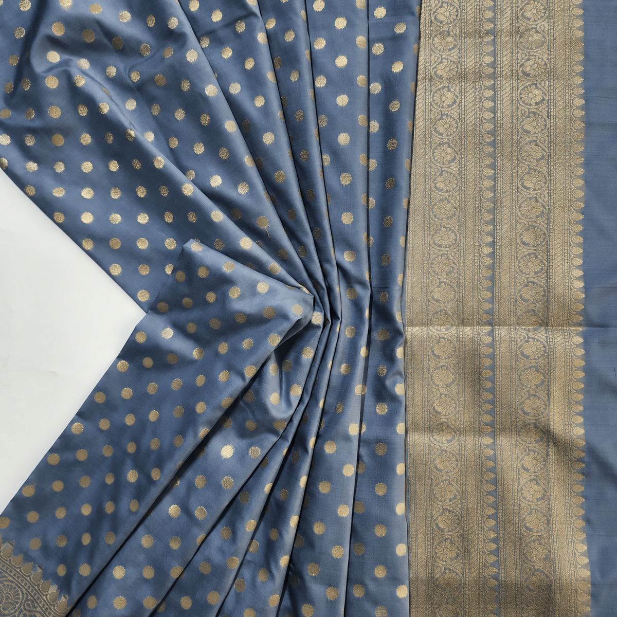 Steel Blue Banarasi Silk Dupatta with Gold Polka Dot