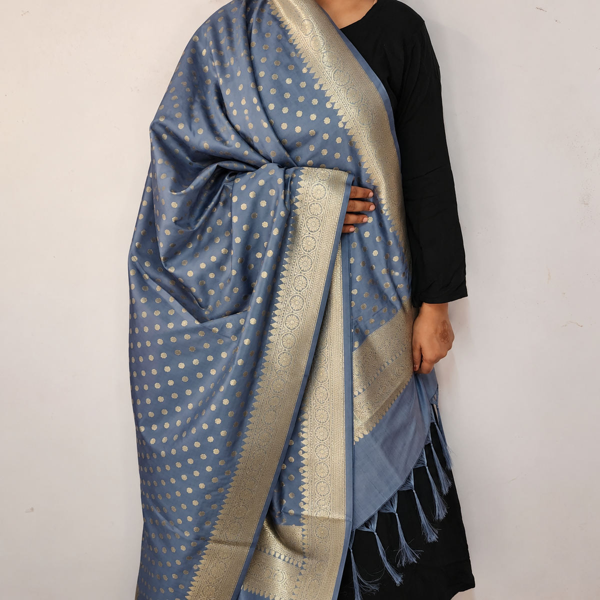 Steel Blue Banarasi Silk Dupatta with Gold Polka Dot
