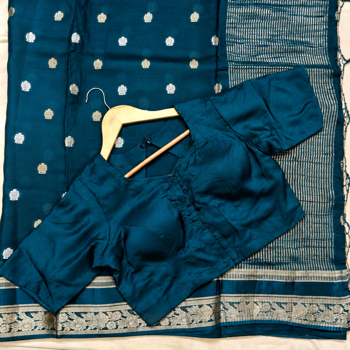 Teal Blue Floral Zari Chiffon Saree with Stitched Blouse