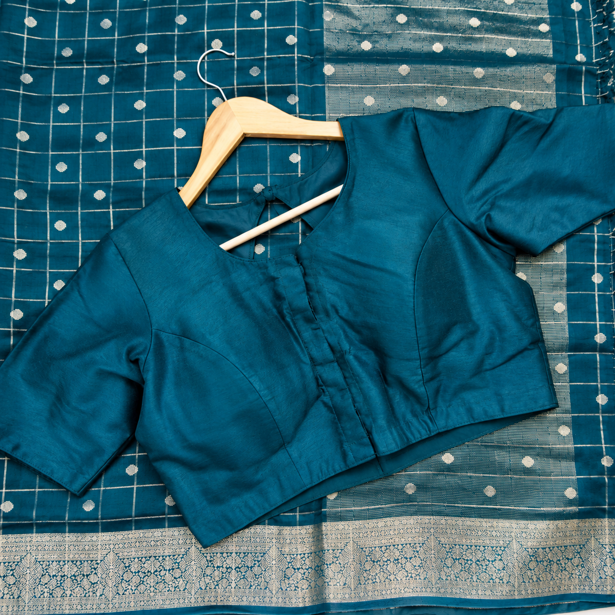 Petrol Blue Checks Pattern Banarasi Dola Silk Saree with Stitched Blouse