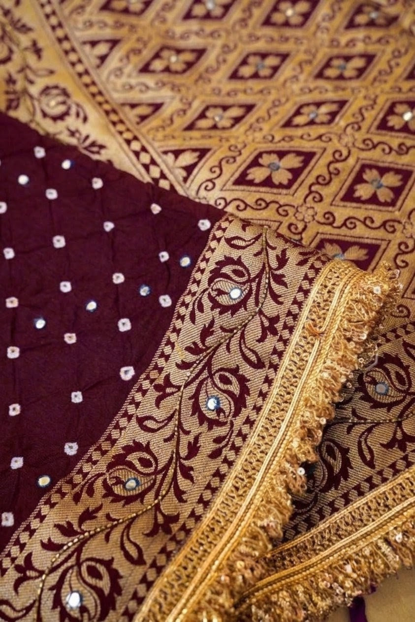 Fulaari - Deep Maroon Bandhani Dupion Silk Saree with Fringe Border