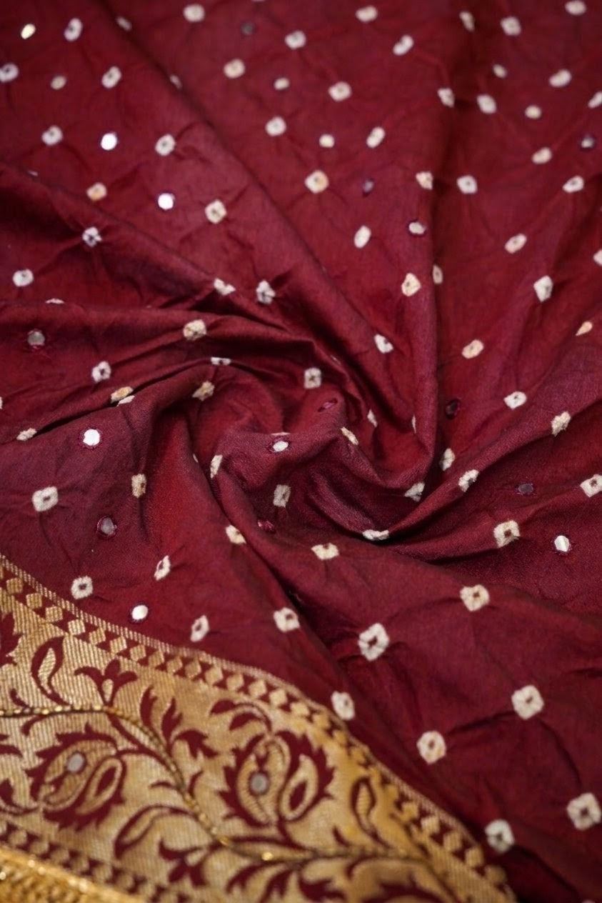 Fulaari - Deep Maroon Bandhani Dupion Silk Saree with Fringe Border