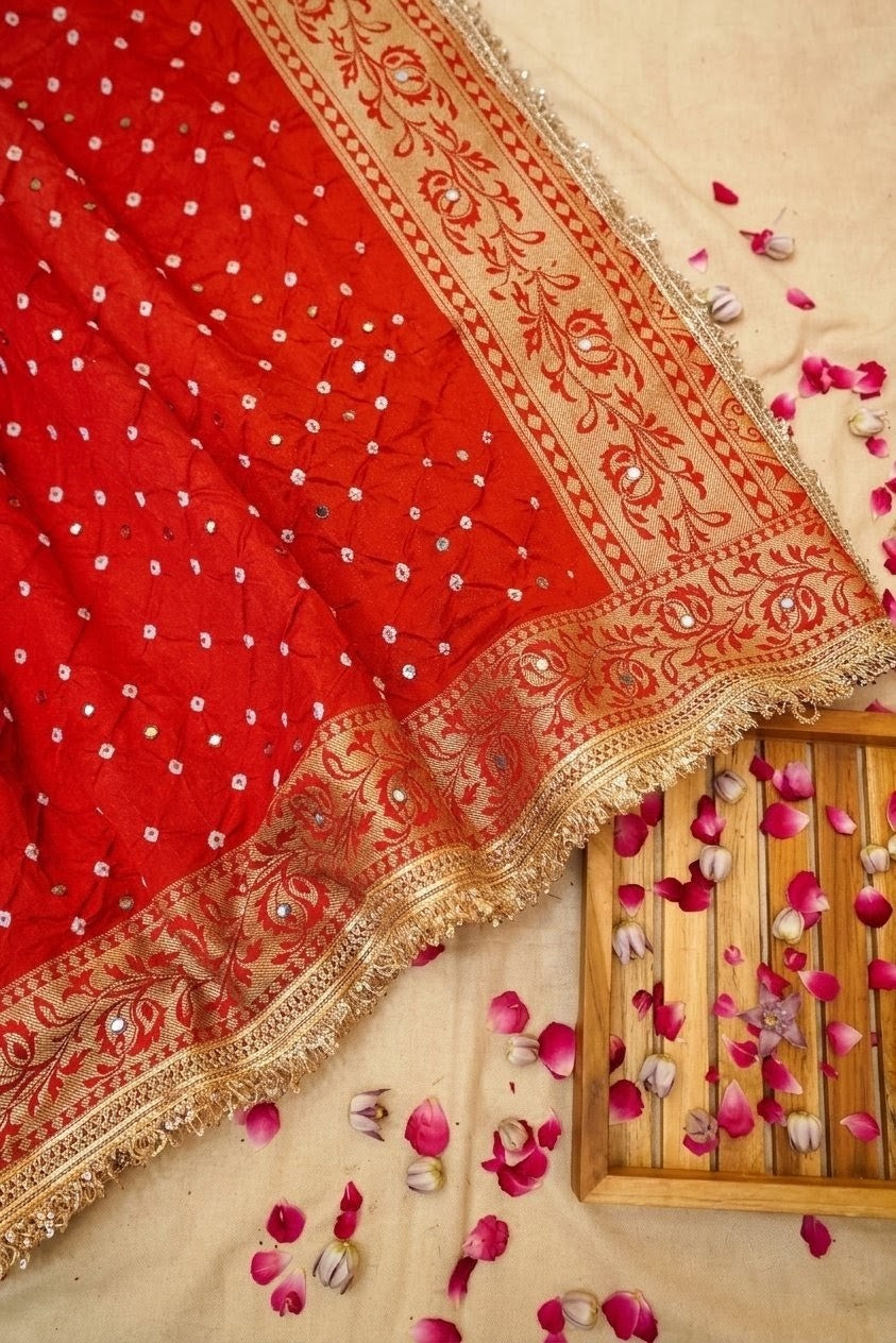 Fulaari - Vermilion Red Bandhani Dupion Silk Saree with Fringe Border