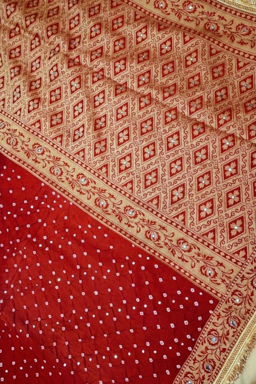 Fulaari - Vermilion Red Bandhani Dupion Silk Saree with Fringe Border