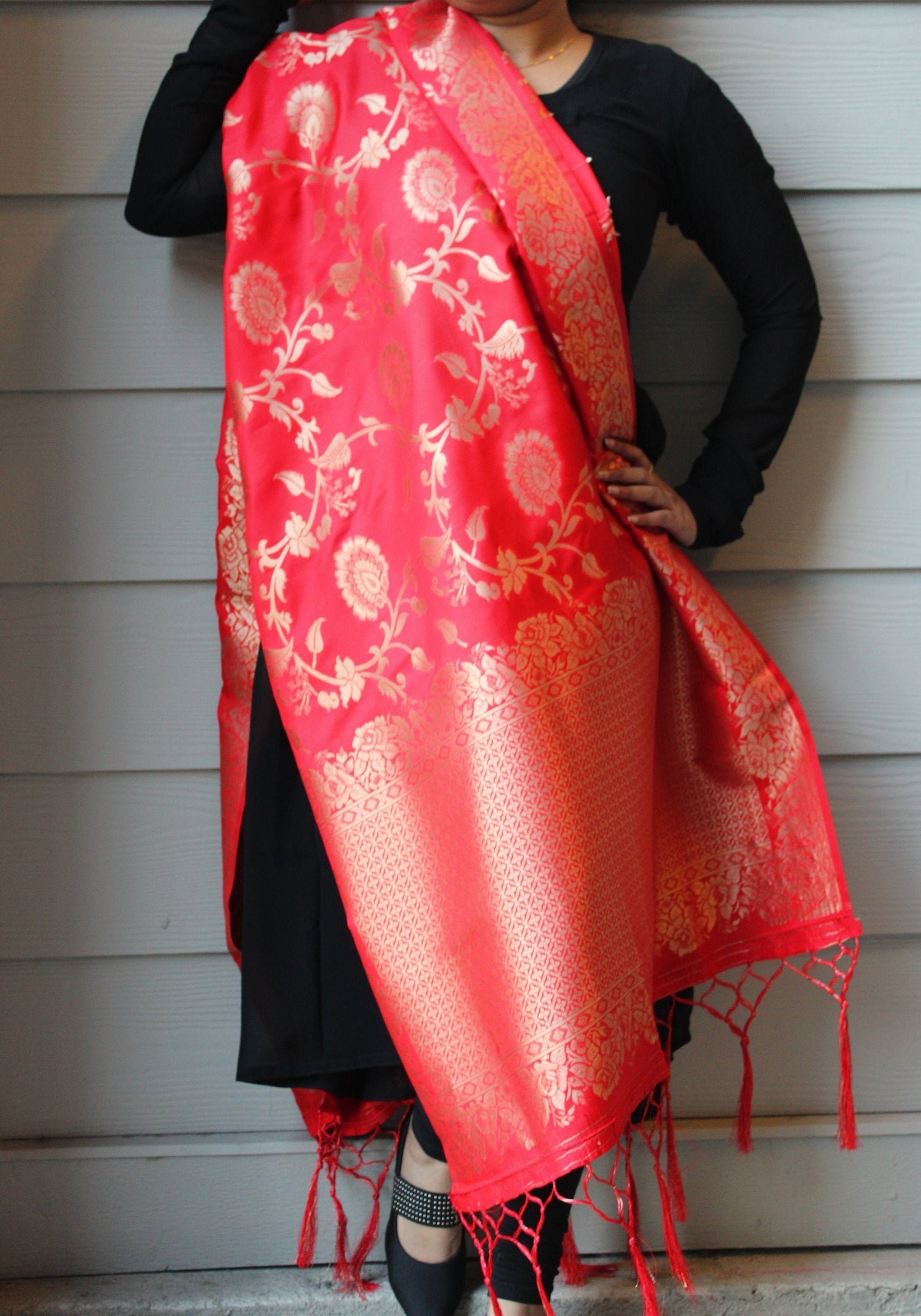 Banarasi Silk Dupatta in Bright Red and gold weaving