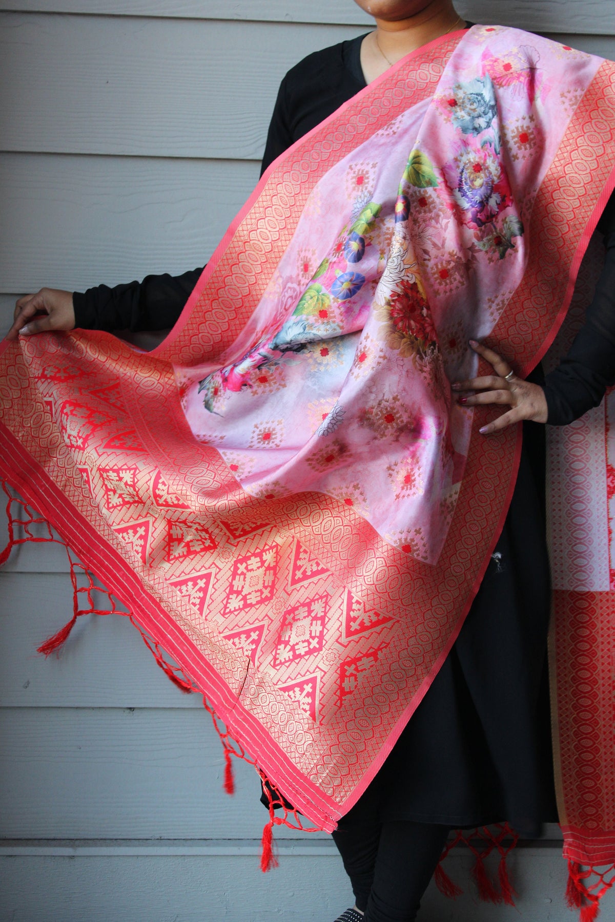 Banarasi Silk Royal Red Dupatta with luxurious floral prints