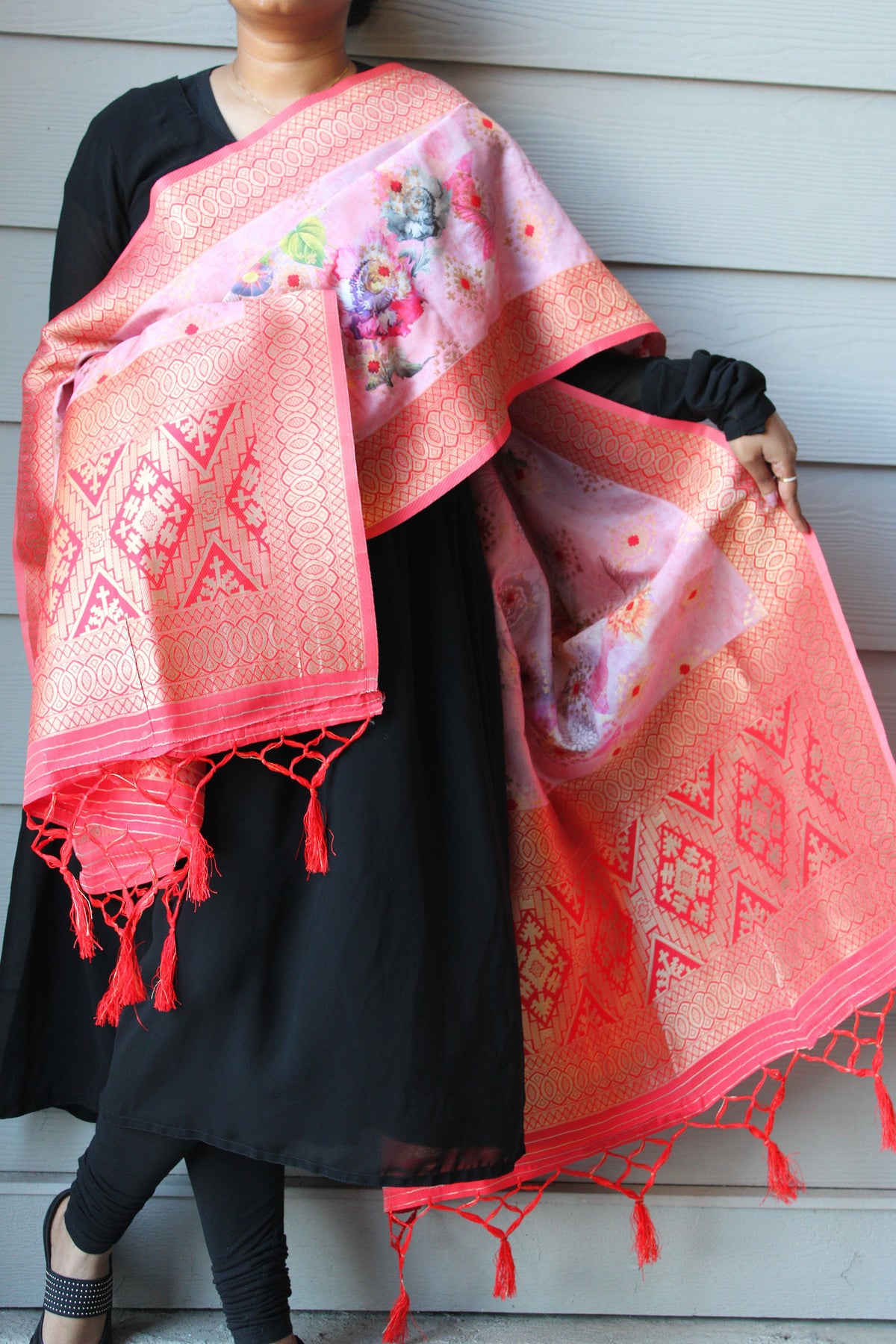 Banarasi Silk Royal Red Dupatta with luxurious floral prints