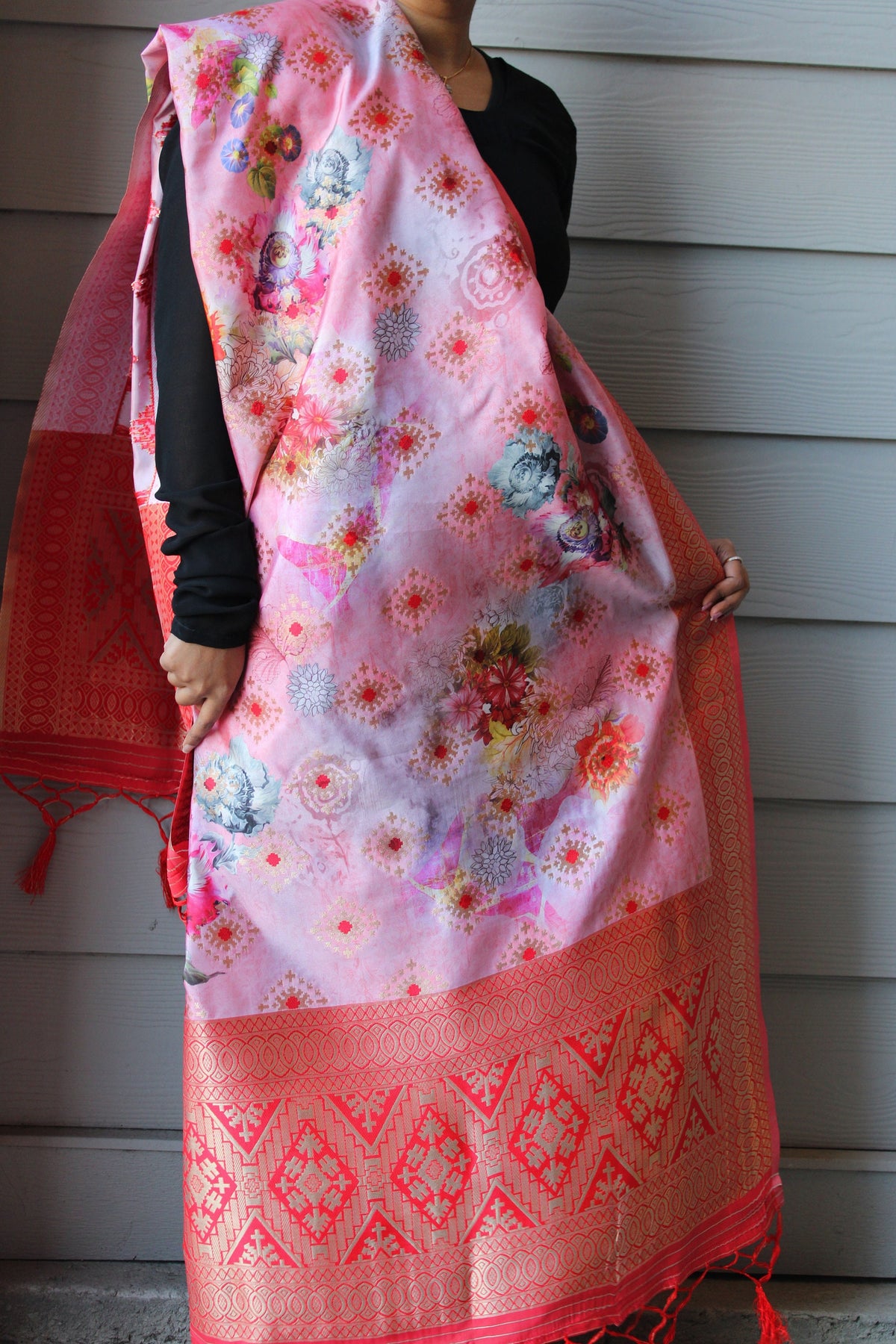 Banarasi Silk Royal Red Dupatta with luxurious floral prints