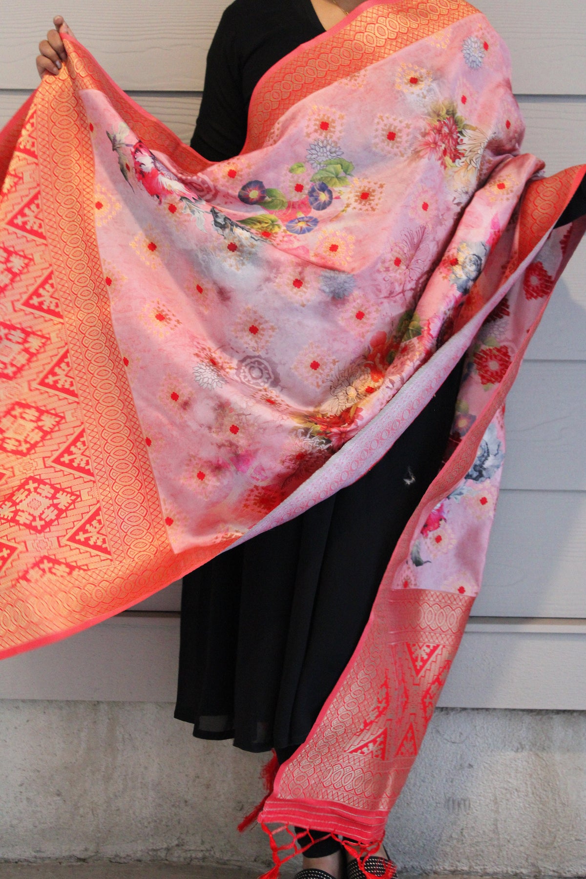 Banarasi Silk Royal Red Dupatta with luxurious floral prints