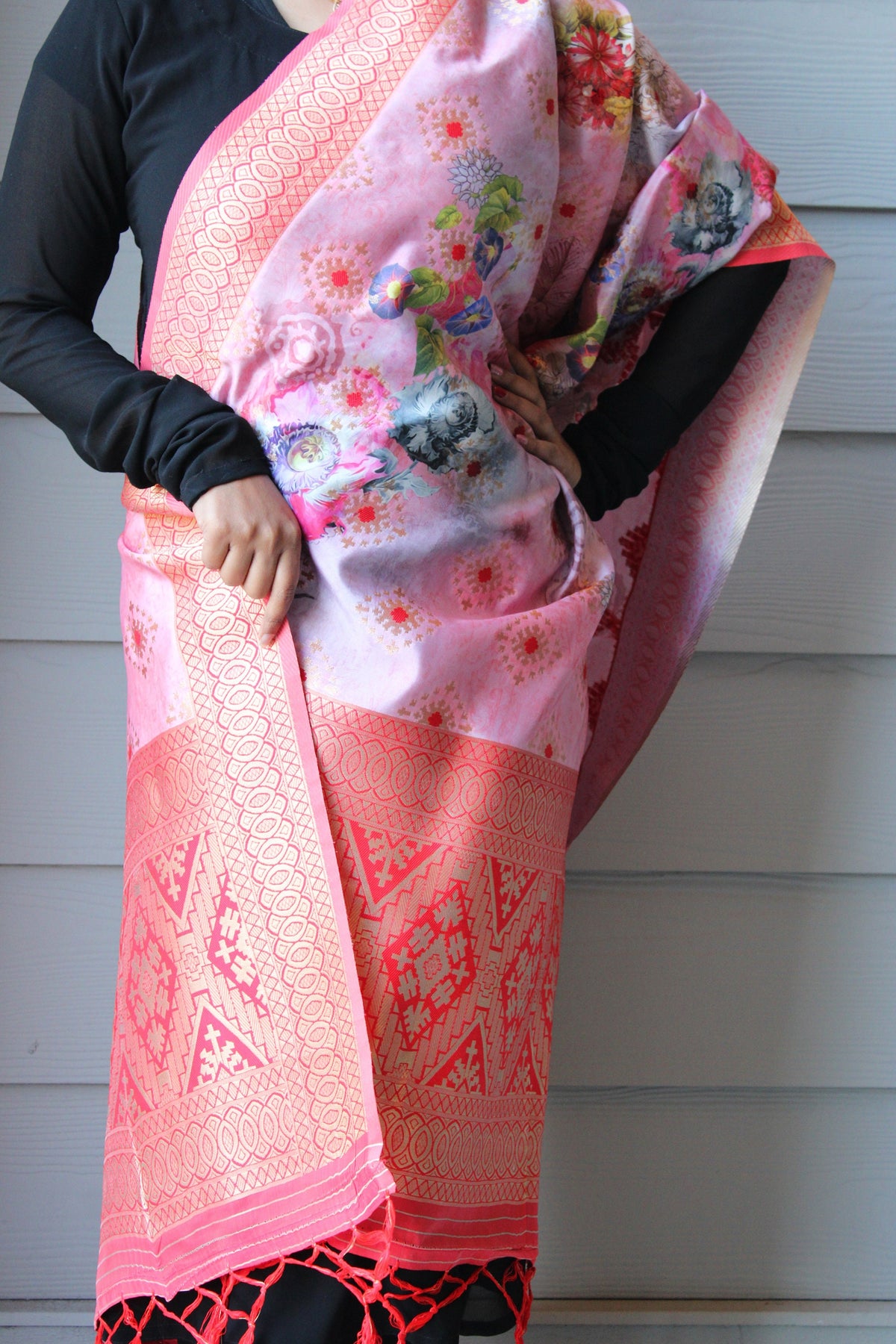Banarasi Silk Royal Red Dupatta with luxurious floral prints