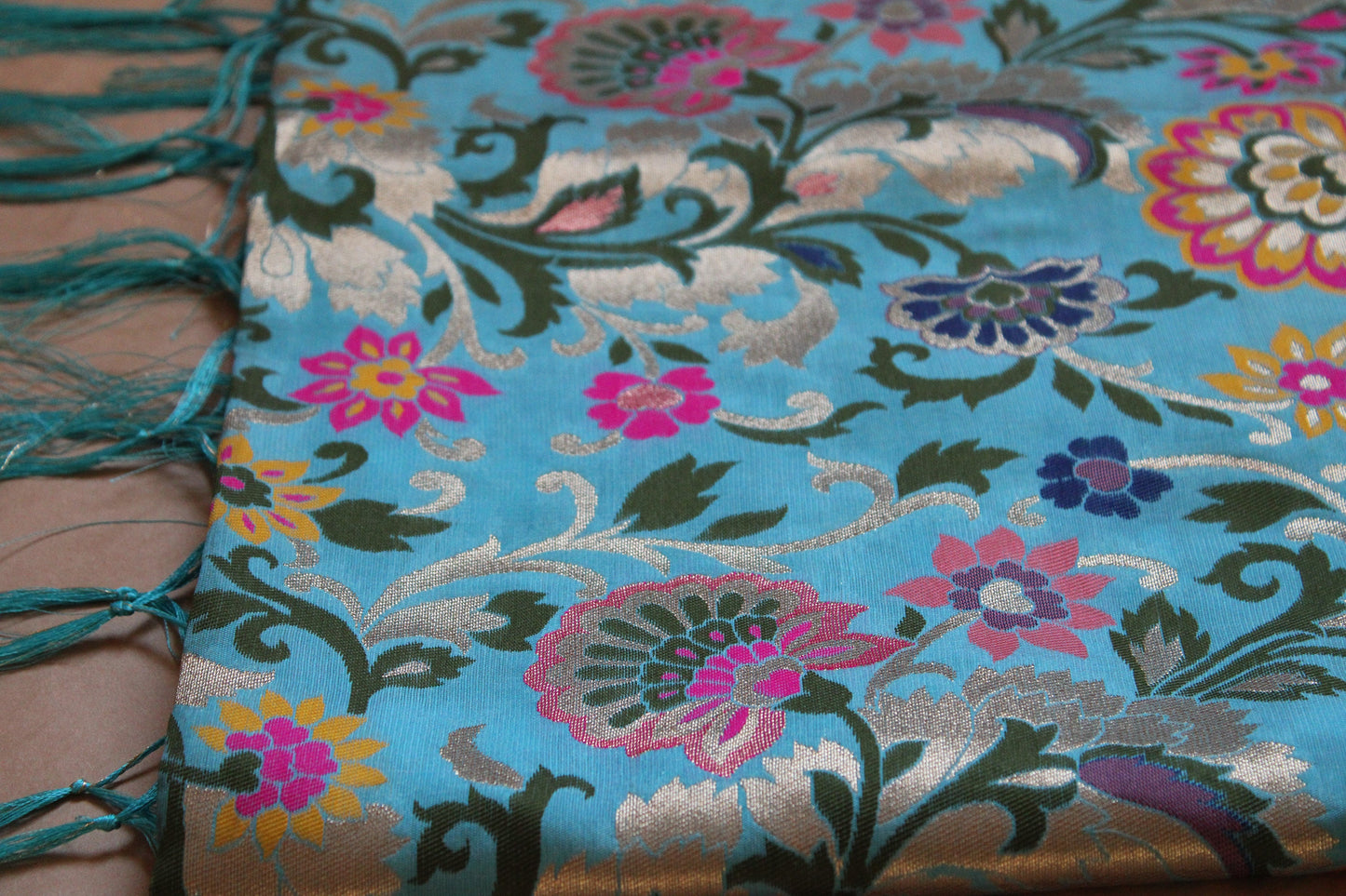 Banarasi Silk Sky Blue Dupatta with multicolor floral handweaving