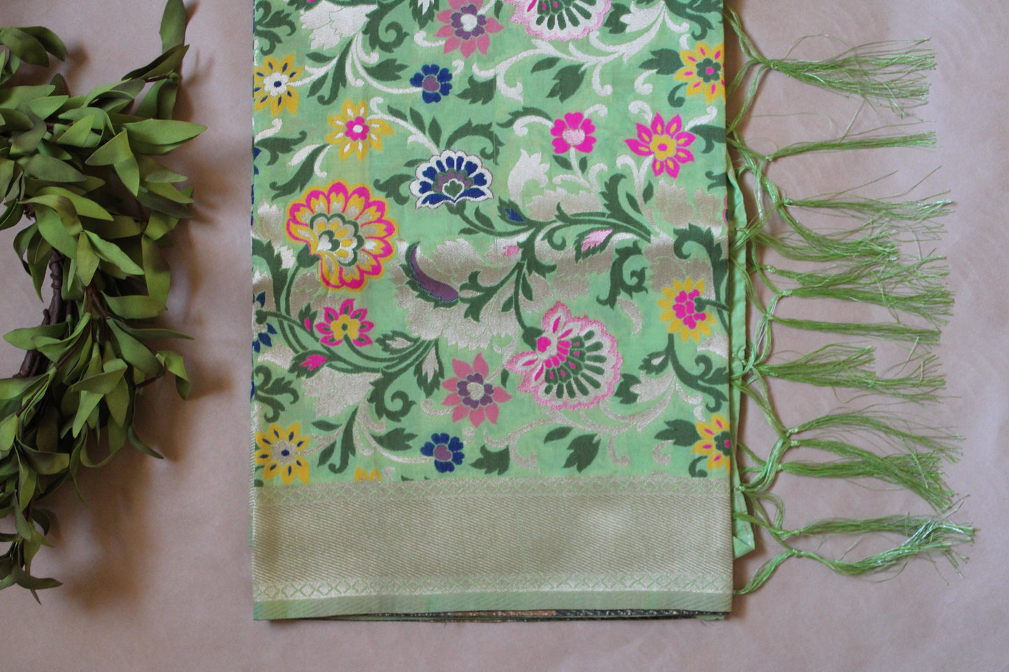 Banarasi Silk Light Green Dupatta with multicolor floral handweaving