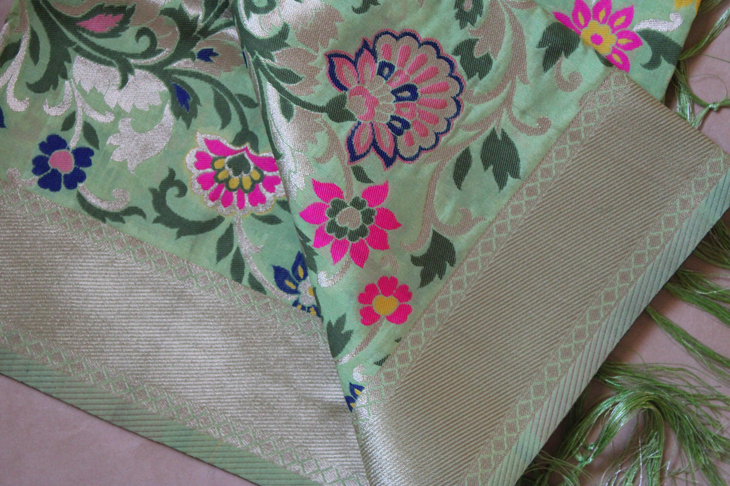 Banarasi Silk Light Green Dupatta with multicolor floral handweaving