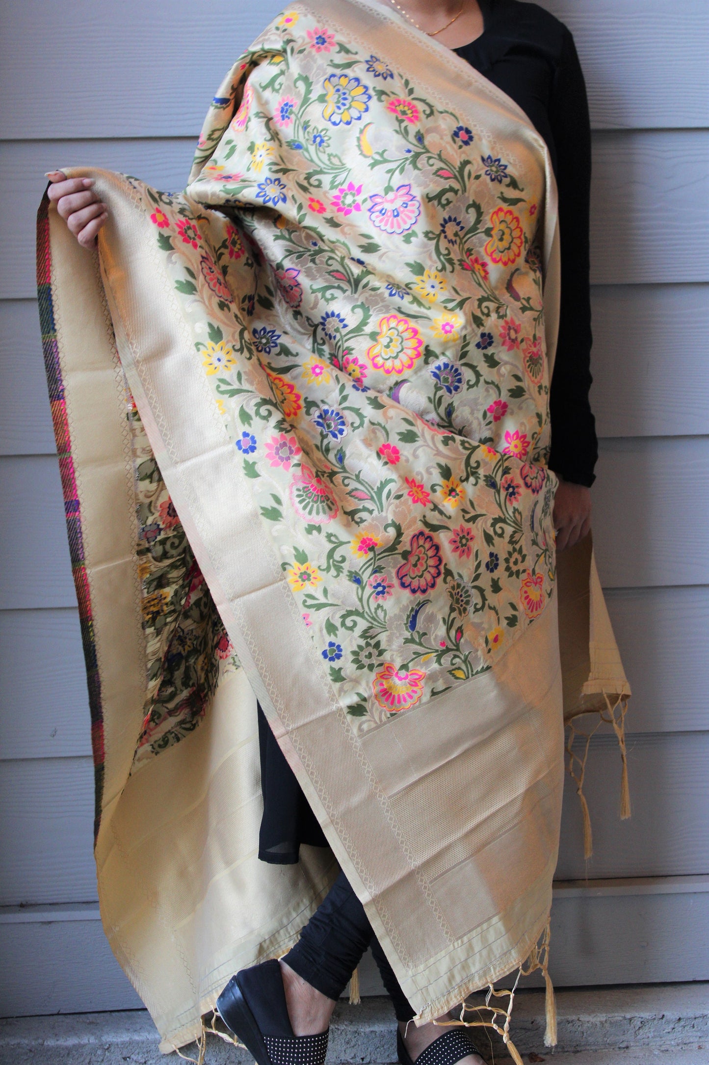 Banarasi Silk Beige Dupatta with multicolor floral handweaving