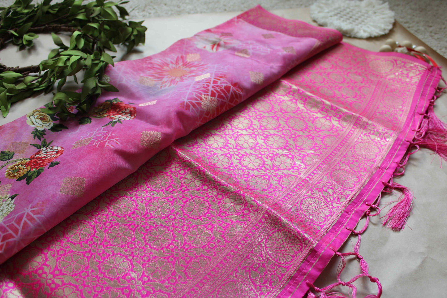 Banarasi Pink Silk Dupatta with Floral Prints