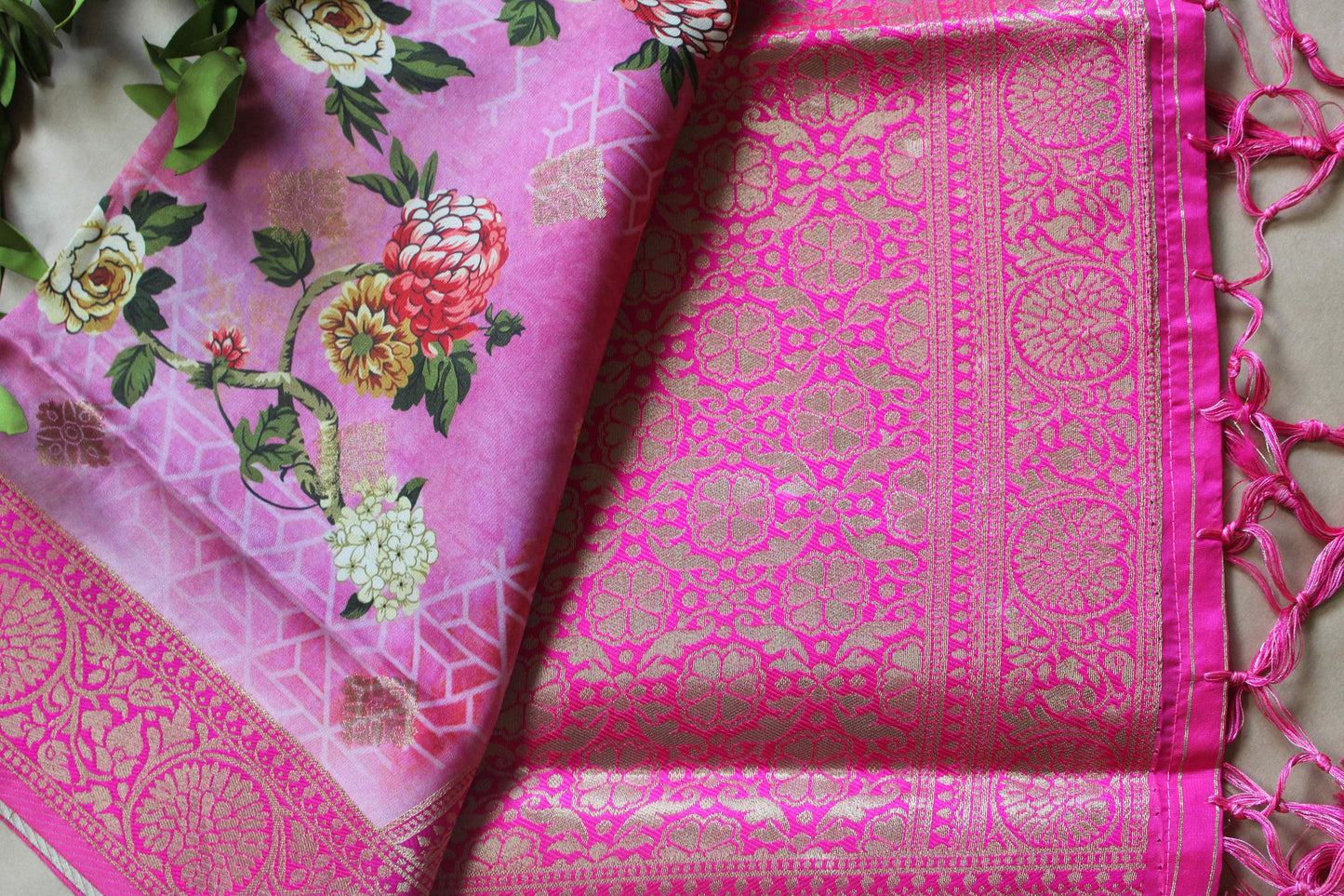 Banarasi Pink Silk Dupatta with Floral Prints