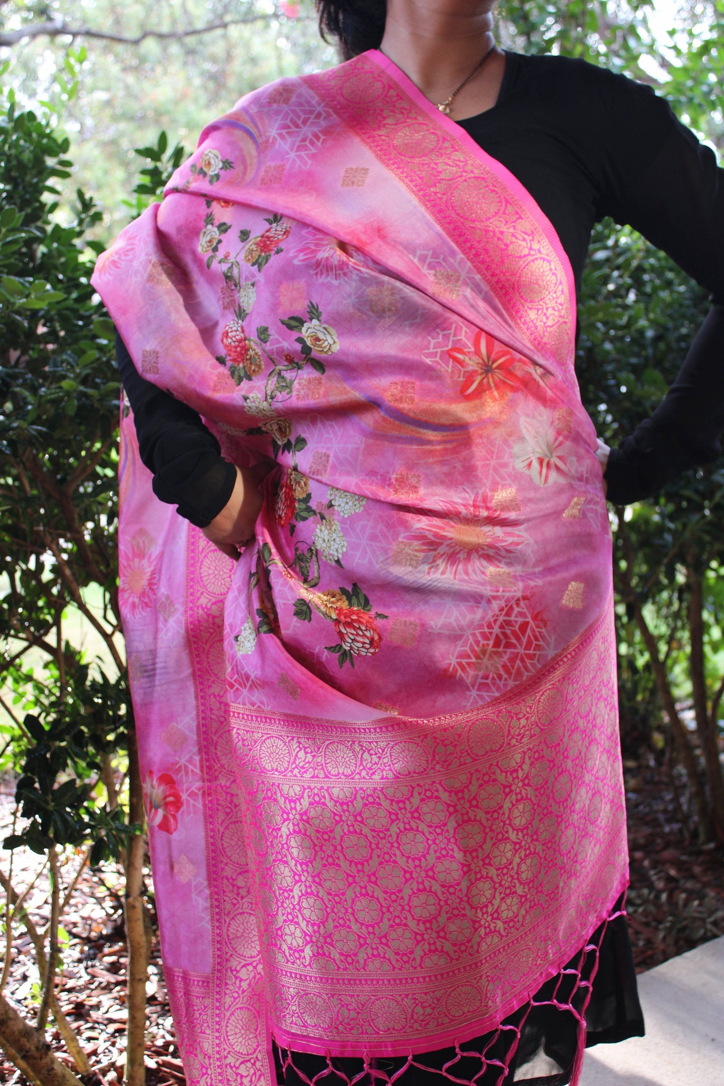 Banarasi Pink Silk Dupatta with Floral Prints