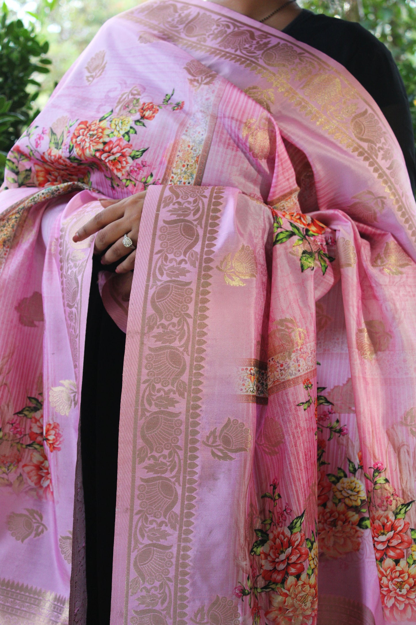 Banarasi Pink Silk Dupatta with Floral Prints