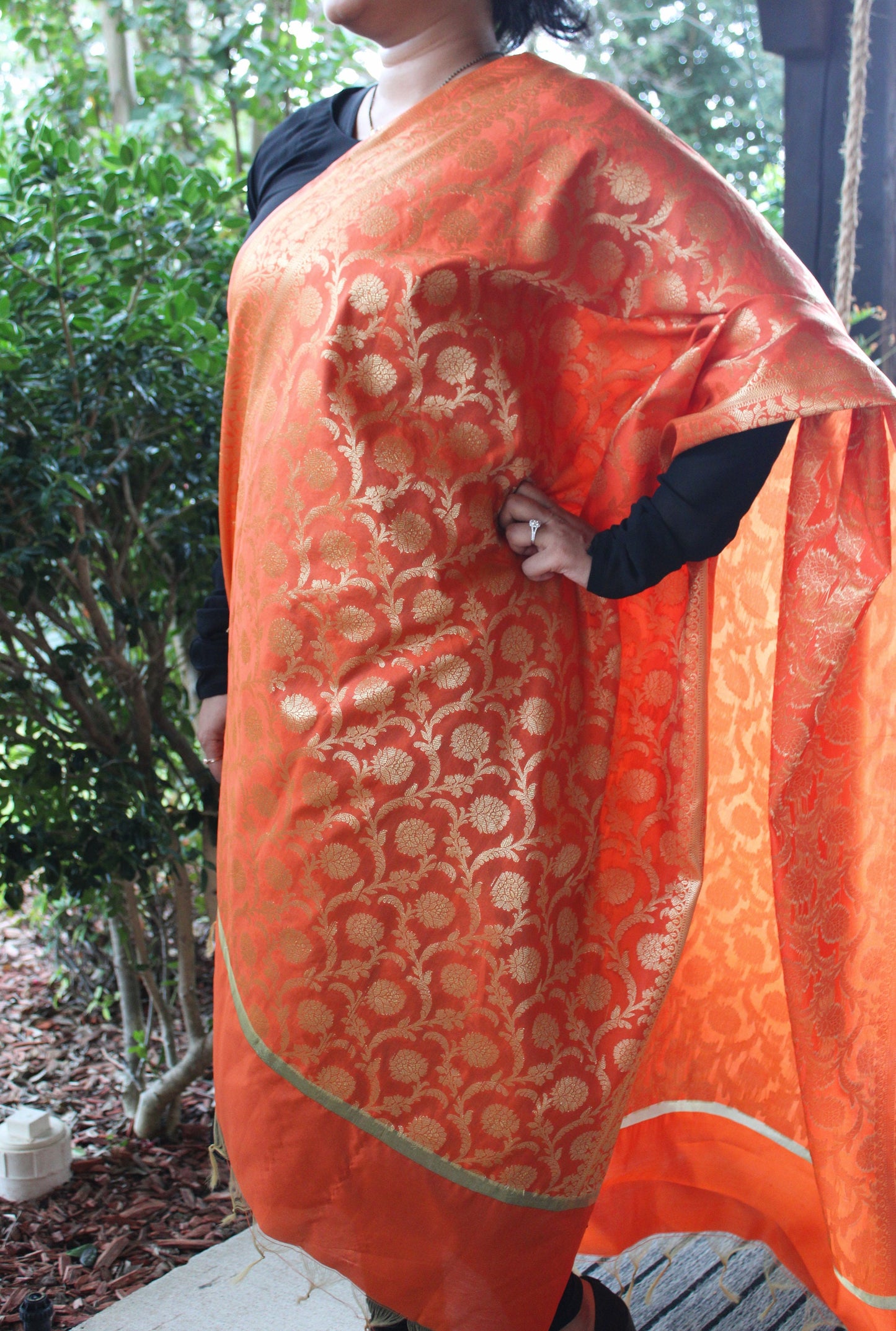 Banarasi Orange Silk Dupatta with gold weaving