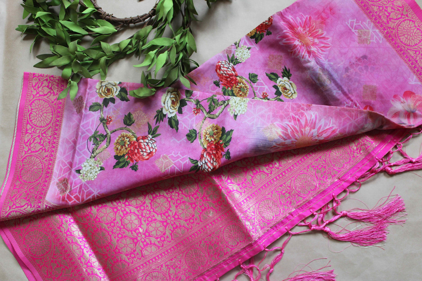 Banarasi Pink Silk Dupatta with Floral Prints