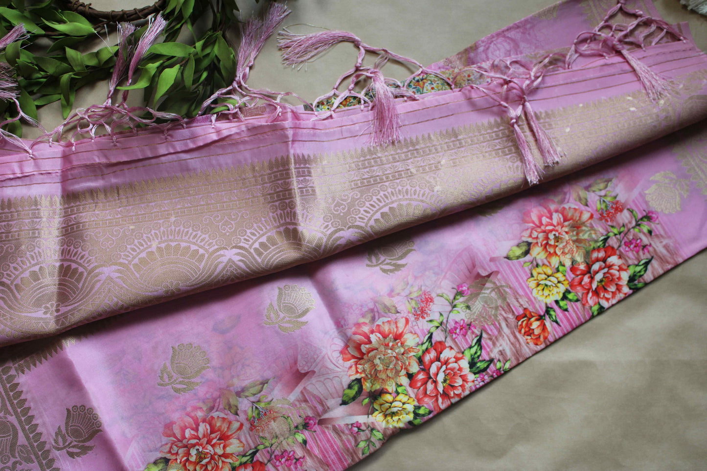 Banarasi Pink Silk Dupatta with Floral Prints