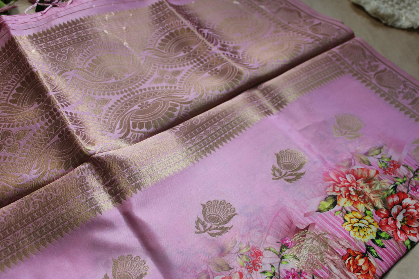 Banarasi Pink Silk Dupatta with Floral Prints