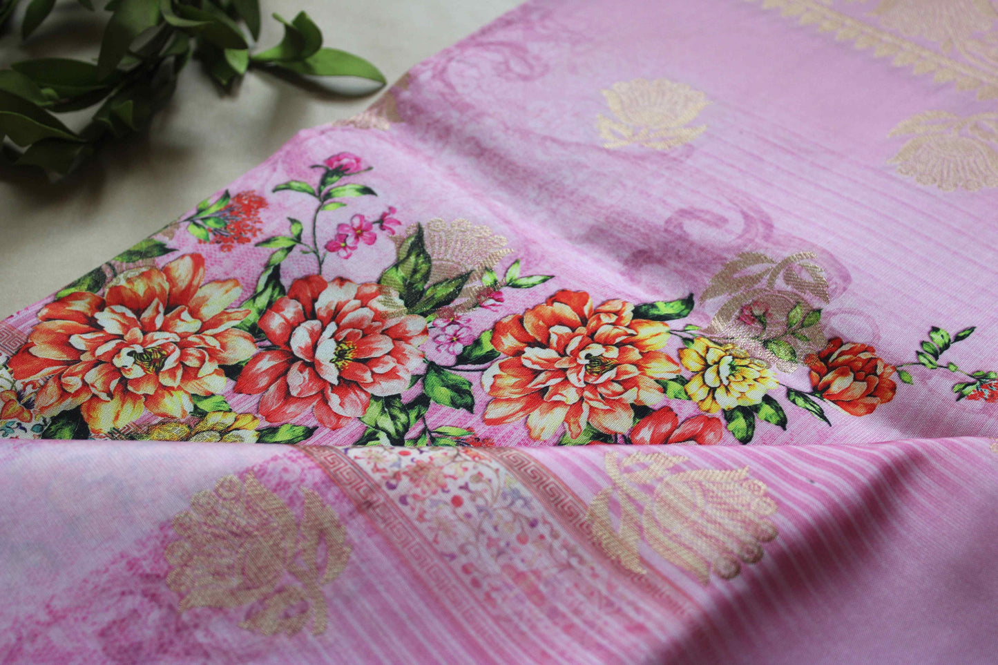 Banarasi Pink Silk Dupatta with Floral Prints