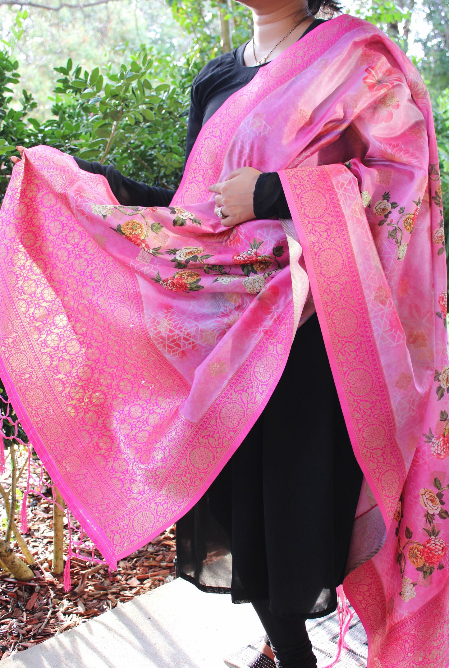 Banarasi Pink Silk Dupatta with Floral Prints