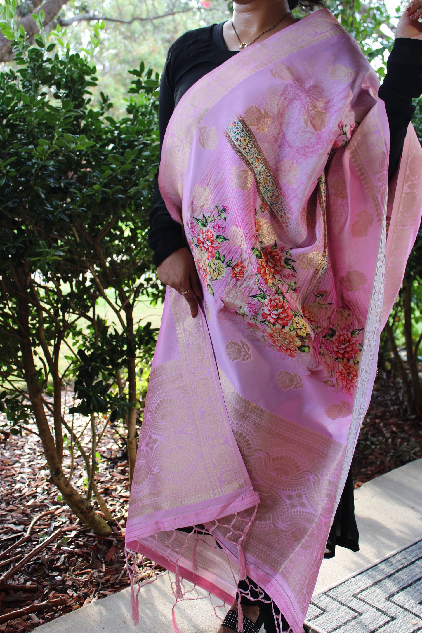 Banarasi Pink Silk Dupatta with Floral Prints