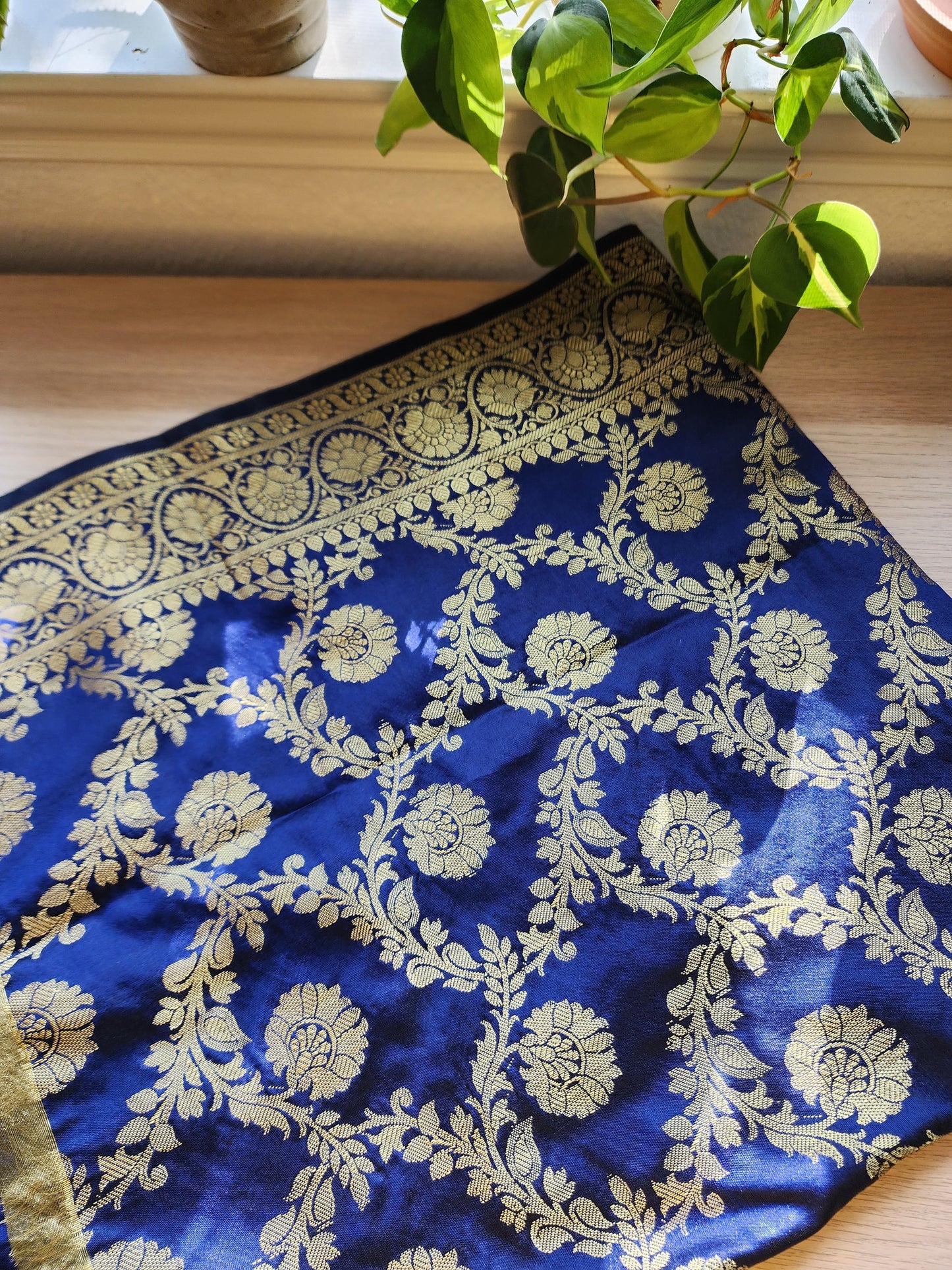 Banarasi Dark Navy Blue Silk Dupatta with gold weaving