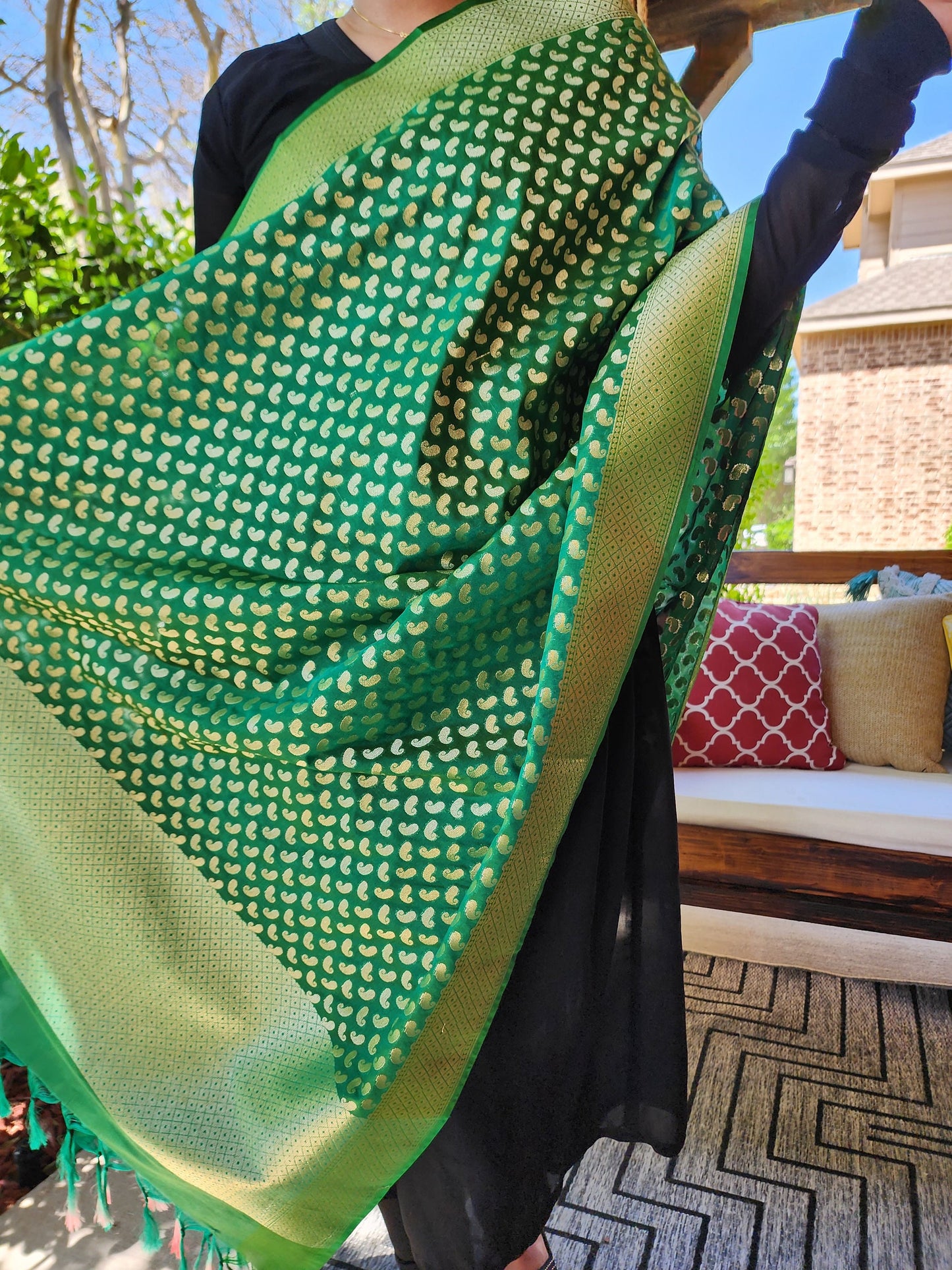 Banarasi Silk Forest Green Dupatta with gold handweaving