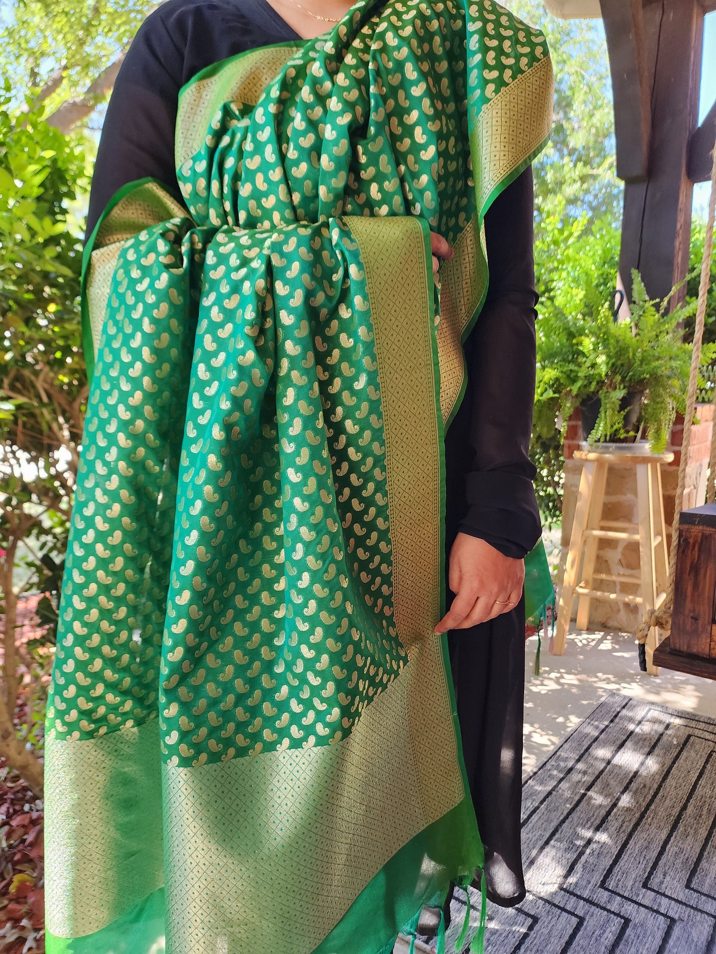 Banarasi Silk Forest Green Dupatta with gold handweaving