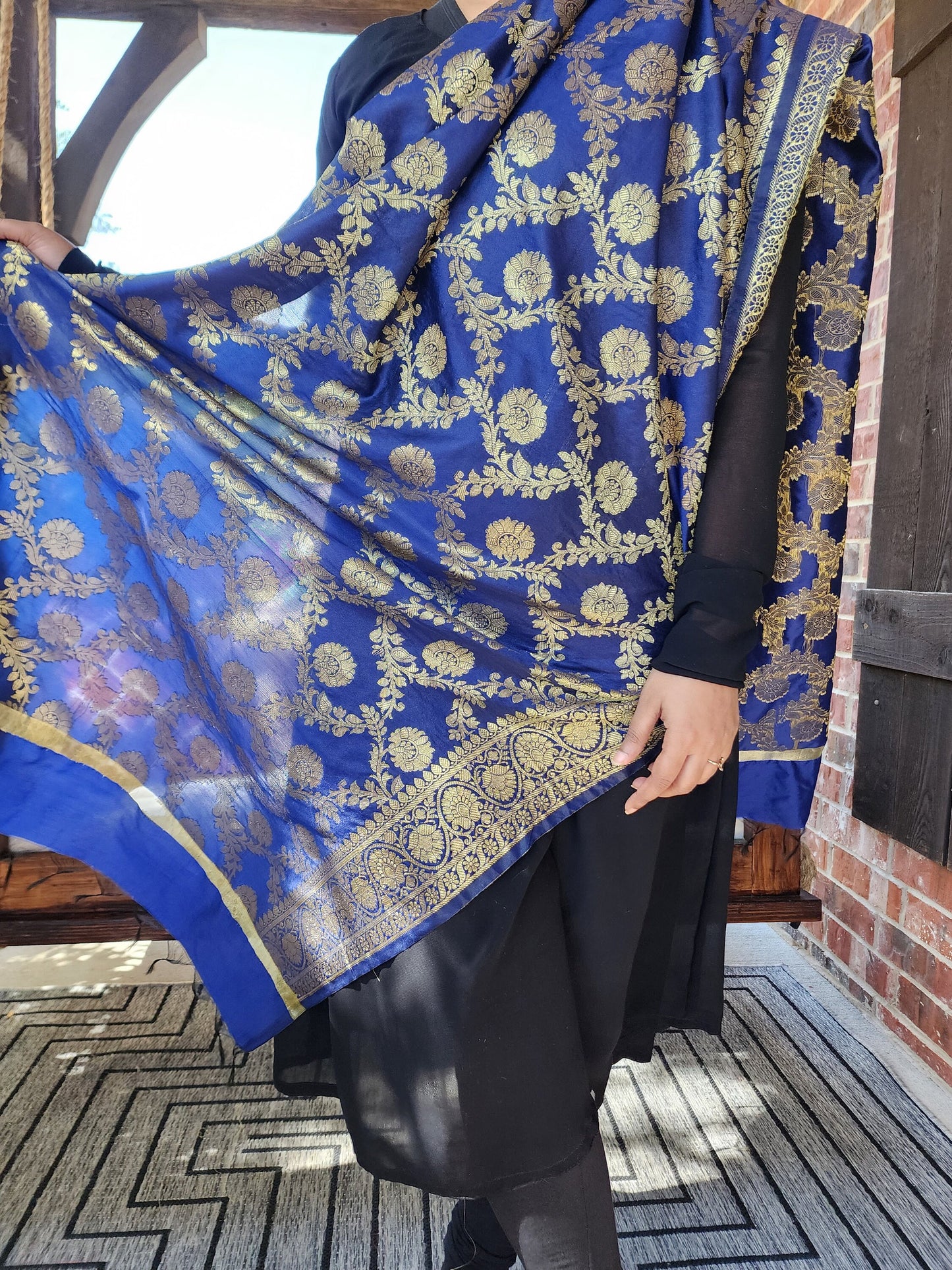 Banarasi Dark Navy Blue Silk Dupatta with gold weaving