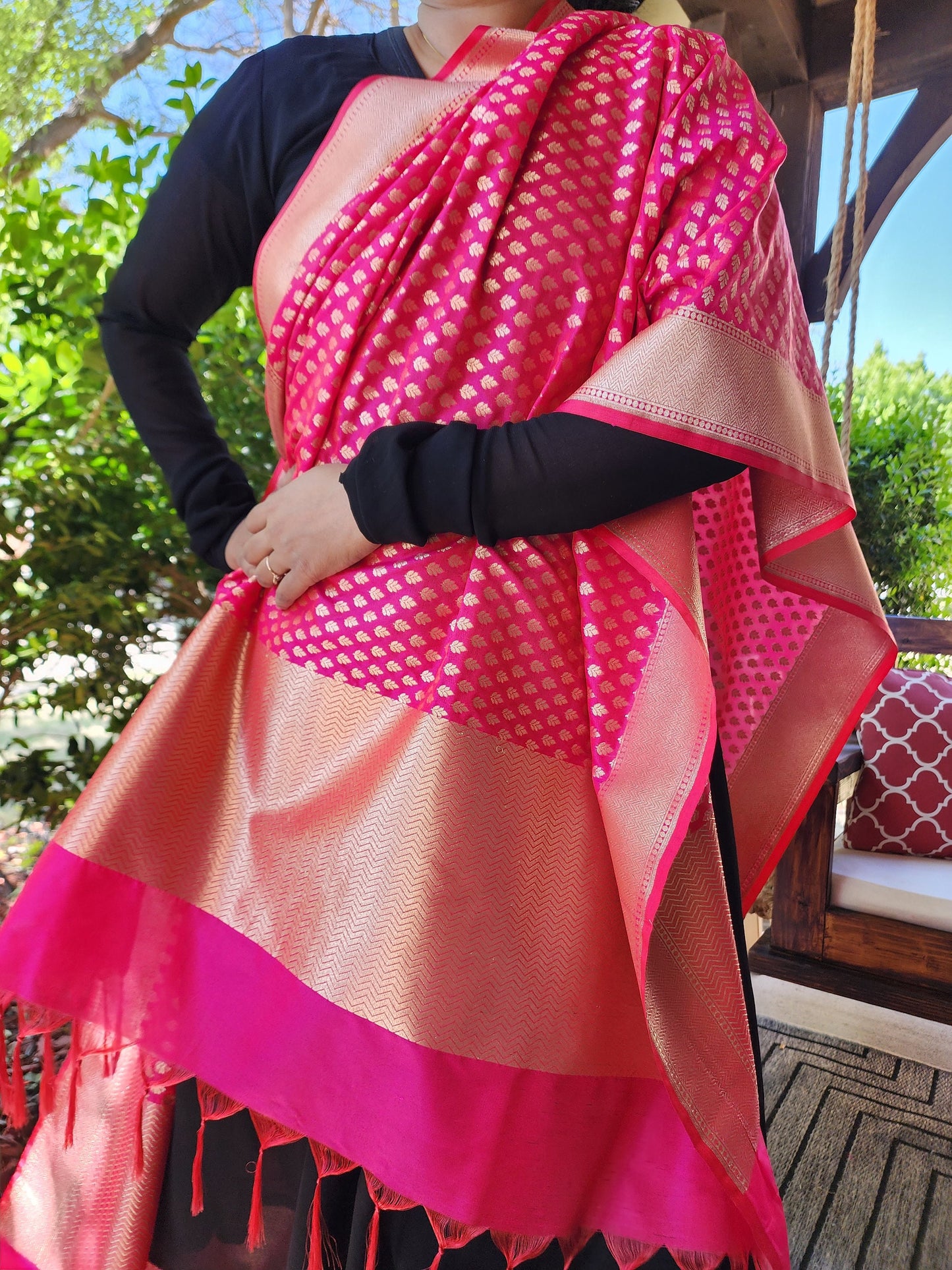 Banarasi Silk Bubble Gum Pink color Dupatta with gold handweaving