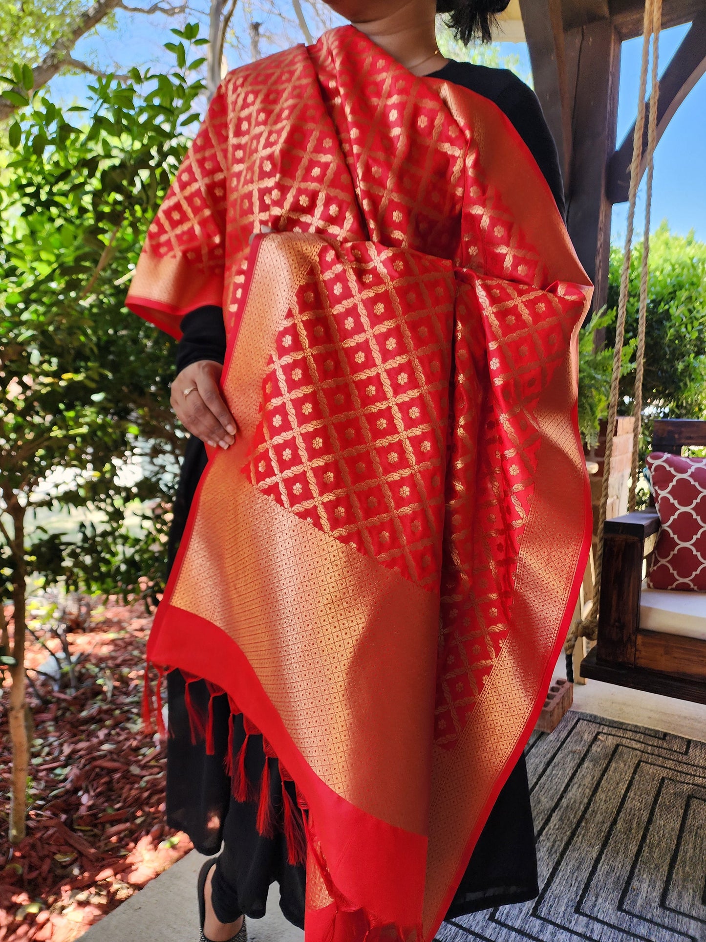 Banarasi Silk Bright Red Dupatta with handwoven Golden threads